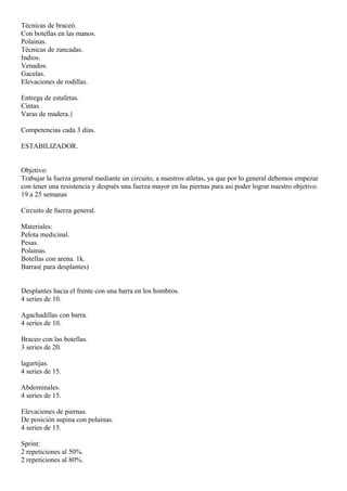 Técnicas de braceó. 
Con botellas en las manos. 
Polainas. 
Técnicas de zancadas. 
Indios. 
Venados. 
Gacelas. 
Elevaciones de rodillas. 
Entrega de estafetas. 
Cintas. 
Varas de madera.} 
Competencias cada 3 días. 
ESTABILIZADOR. 
Objetivo: 
Trabajar la fuerza general mediante un circuito, a nuestros atletas, ya que por lo general debemos empezar 
con tener una resistencia y después una fuerza mayor en las piernas para asi poder lograr nuestro objetivo. 
19 a 25 semanas 
Circuito de fuerza general. 
Materiales: 
Pelota medicinal. 
Pesas. 
Polainas. 
Botellas con arena. 1k. 
Barras( para desplantes) 
Desplantes hacia el frente con una barra en los hombros. 
4 series de 10. 
Agachadillas con barra. 
4 series de 10. 
Braceo con las botellas. 
3 series de 20. 
lagartijas. 
4 series de 15. 
Abdominales. 
4 series de 15. 
Elevaciones de piernas. 
De posición supina con polainas. 
4 series de 15. 
Sprint: 
2 repeticiones al 50%. 
2 repeticiones al 80%. 
 