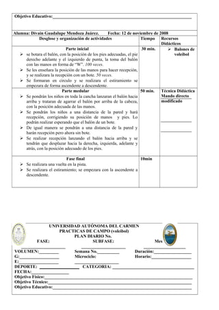 Objetivo Educativo:_______________________________________________________________ 
Alumna: Divain Guadalupe Mendoza Juárez. Fecha: 12 de noviembre de 2008 
Desglose y organización de actividades Tiempo Recursos 
Didácticos 
Parte inicial 
 se botara el balón, con la posición de los pies adecuadas, el pie 
derecho adelante y el izquierdo de punta, la toma del balón 
con las manos en forma de “W”. 100 veces. 
 Se les enseñara la posición de las manos para hacer recepción, 
y se realizara la recepción con un bote. 50 veces. 
 Se formaran en circulo y se realizara el estiramiento se 
empezara de forma ascendente a descendente. 
30 min.  Balones de 
voleibol 
Parte medular 
 Se pondrán los niños en toda la cancha lanzaran el balón hacia 
arriba y trataran de agarrar el balón por arriba de la cabeza, 
con la posición adecuada de las manos. 
 Se pondrán los niños a una distancia de la pared y hará 
recepción, corrigiendo su posición de manos y pies. Lo 
podrán realizar esperando que el balón de un bote. 
 De igual manera se pondrán a una distancia de la pared y 
harán recepción pero ahora sin bote. 
 Se realizar recepción lanzando el balón hacia arriba y se 
tendrán que desplazar hacia la derecha, izquierda, adelante y 
atrás, con la posición adecuado de los pies. 
50 min. Técnica Didáctica 
Mando directo 
modificado 
Fase final 
 Se realizara una vuelta en la pista. 
 Se realizara el estiramiento; se empezara con la ascendente a 
descendente. 
10min 
UNIVERSIDAD AUTÓNOMA DEL CARMEN 
PRACTICAS DE CAMPO (voleibol) 
PLAN DIARIO No. 
FASE: 
____________________ 
SUBFASE: 
____________________ 
Mesociclo: 
___________________ 
VOLUMEN:_________ 
G:__________________ 
E:__________________ 
Semana No.__________ 
Microciclo: 
____________________ 
Duración:_________________ 
Horario:__________________ 
DEPORTE: __________________ CATEGORIA: _____________________________________ 
FECHA:_________________ 
Objetivo Físico:___________________________________________________________________ 
Objetivo Técnico:_________________________________________________________________ 
Objetivo Educativo:_______________________________________________________________ 
 