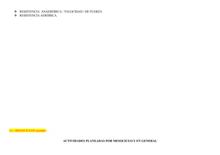  RESISTENCIA ANAERÓBICA / VELOCIDAD / DE FUERZA 
 RESISTENCIA AERÓBICA. 
C).- MESOCICLOS ejemplo 
ACTIVIDADES PLANEADAS POR MESOCICLO Y EN GENERAL 
 