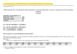 XI.- DISTRIBUCIÓN DEL VOLUMEN DE HORAS DE ENTRENAMIENTO SEMANAL* (MACROCICLO) 
*De aquí en la práctica el entrenador lo aplicara en dependencia de las condiciones de su equipo y del tiempo que tenga asignado, por ejemplo si en total para el año cuenta con 500 horas la determinación de los % por tipo de preparación se 
comporta de de la siguiente forma: 
Determinación del % de tiempo de cada componente, contra el tiempo total con que se cuente para el ciclo de trabajo 
completo. 
Ejemplo: 
ASIGNARLE ANUALMENTE A LA: 
Preparación Física______________ 50% 
Preparación Técnica____________ 40% 
Preparación Teórica_____________ 5% 
Controles______________________ 5% 
PF = 50% DE 500 HORAS = 250 HORAS 
PT = 40% DE 500 HORAS = 200 HORAS 
PTE = 5% DE 500 HORAS = 25 HORAS 
TP = 5% DE 500 HORAS = 25 HORAS 
Otra vía puede ser a través del llamado valor porcentual 
Para un grupo de principiantes que en su segundo año de trabajo se pretende incrementar el 10% de del tiempo dedicado a la PFG y para ese rubro en el 
primer año se habían dedicado 300 horas 
Por lo tanto: 
· 300h x 10 %= significan 30 horas mas, lo que indica que este año se trabajaran 330 h de PFG. 
ENE FEB MAR ABR MAY JUN JUL AGO SEP OCT NOV 
100% 90% 90% 80% 80% 70% 60% 60% 50% 50% 50% 
A) Una vez asignado el % para cada mes, se suman y se dividen por el total de horas previstas: 
330 horas / 780= 0.42 
 
