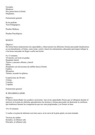 Escuadra. 
Mariposa. 
Pies juntos hacia el frente. 
Desplantes. 
Estiramiento general. 
Se les pedirán: 
Tests Pedagógicos. 
Pruebas Médicas. 
Pruebas Psicológicas. 
BASICO. 
Objetivo: 
De forma básica mejoraremos las capacidades y observaremos las diferentes formas para poder desplazarnos 
ya sea lateralmente, al frente, como trotar, correr y hacer los estiramientos adecuados para lograr trabajar la 
o las horas marcadas sin llegar a sufrir una lesión. 
8 a 13 semanas. 
10 minutos con trote en gradas. 
Desplante lateral. 
Tijeras o cancanes alfrente y lateral. 
Indios. 
Desplantes con elevaciones de rodillas hacia el frente. 
Espikin. 
Mosquitos. 
Talones, tocando los glúteos. 
6 repeticiones de 20 mtrs. 
2 lentas. 
2 medias. 
2 rápidas. 
Estiramiento general. 
B. DESARROLLADOR. 
Objetivo: 
El básico desarrollador nos ayudara a acrecentar mas en las capacidades fisicas que se trabajaran durante el 
ejercicio en la pista de atletismo aprenderemos las técnicas y formas para poder así demostrar la confianza 
que tendremos durante las competencias que nos sean programadas y así formar su base. 
14 a 18 semanas 
3 vueltas a la pista de atletismo con trote suave, en la curva de la pista sprint, en recta trotando. 
Técnicas de salidas. 
Sentados, al silbatazo sale. 
Hincados, al silbatazo sale. 
 