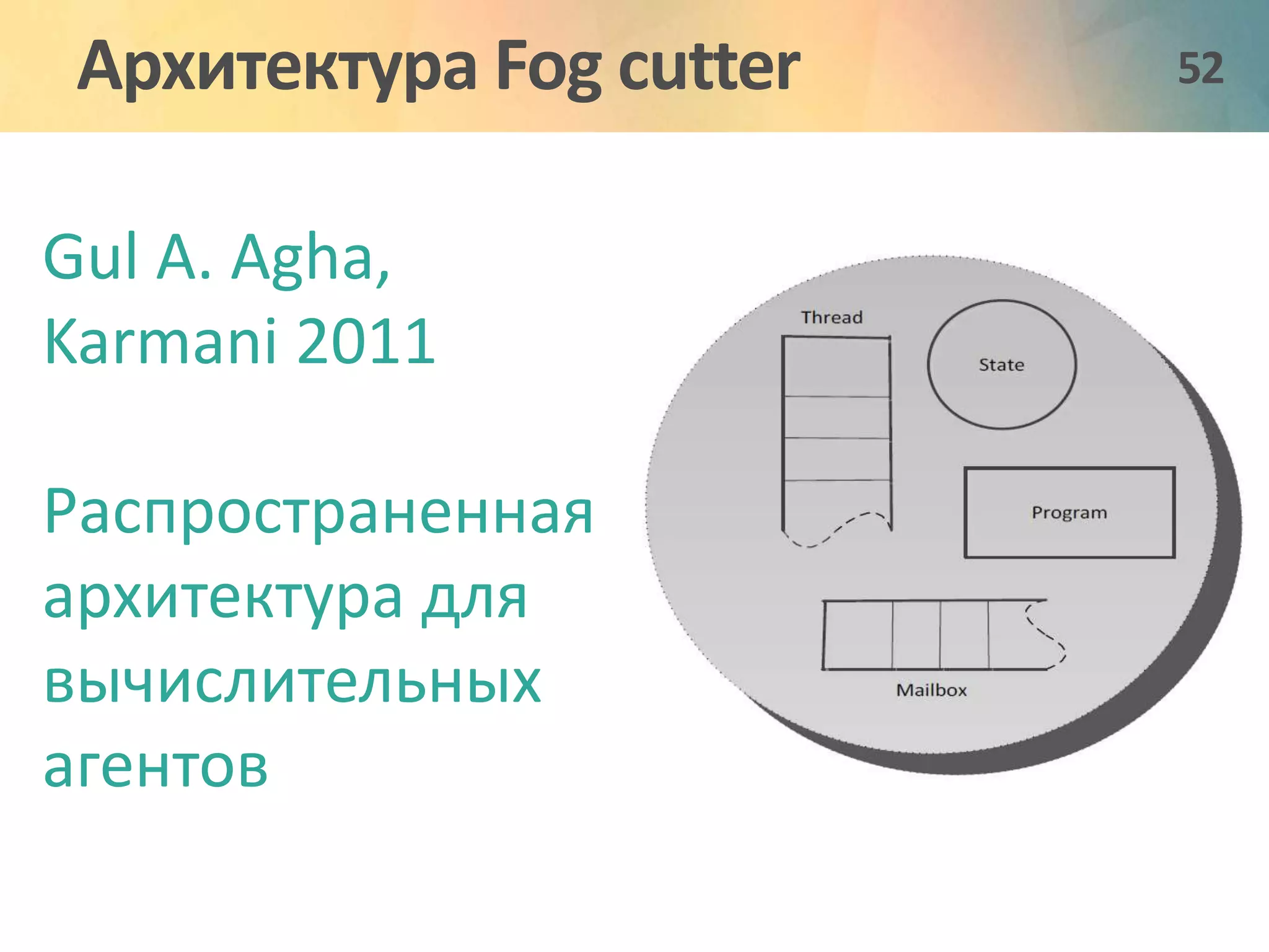 Архитектура Fog cutter 52 
Gul A. Agha, 
Karmani 2011 
Распространенная 
архитектура для 
вычислительных 
агентов 
 