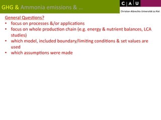 GHG 
& 
Ammonia 
emissions 
& 
… 
General 
Ques*ons? 
• focus 
on 
processes 
&/or 
applica*ons 
• focus 
on 
whole 
produc*on 
chain 
(e.g. 
energy 
& 
nutrient 
balances, 
LCA 
studies) 
• which 
model, 
included 
boundary/limi*ng 
condi*ons 
& 
set 
values 
are 
used 
• which 
assump*ons 
were 
made 
 