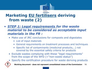 Marketing EU fertilisers deriving 
from waste (2) 
• STEP 1: Legal requirements for the waste 
material to be considered as acceptable input 
materials in the FR : 
• Make use of JRC conclusions for composts and digestates 
• List of input materials 
• General requirements on treatment processes and techniques 
• Specific list of contaminants (medicinal products,…) not 
covered by the essential safety criteria for products 
• Exclude wastes complying with these "legal requirements" 
from the scope of the WFD (="non-waste status") 
• Specify the certification procedure for waste deriving products 
Working document - does not represent consolidated views of the Commission 
14 
 