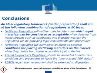 Conclusions 
An ideal regulatory framework (under preparation) shall aim 
at the following combination of regulations at EC level: 
• Fertilisers Regulation will outline rules to determine which input 
materials can be considered as acceptable when deriving from 
waste streams such as composted and digested wastes: the 
Regulation will be providing legal requirements and procedures 
• Fertilisers Regulation will harmonise as much as possible 
conditions for placing fertilising materials on the market 
when they derive from these acceptable input materials 
• Animal by-products Regulation should be amended to determine 
conditions and procedures to leave the "unprocessed ABP status" 
• REACH registration exemption shall be extended to digestates 
Working document - does not represent consolidated views of the Commission 
20 
 