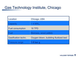 Gas Technology Institute, Chicago 
Location Chicago, USA 
Capacity ~ 4 MWth 
Fuel consumption 18 TPD 
Fuel Biomass, wood pellets 
Gasification techn. Oxygen blown, bubbling fluidized bed 
Pressure range 1-9 bar g 
 