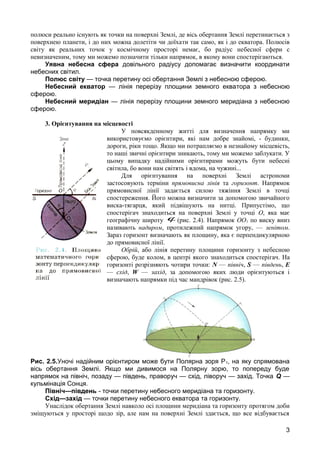 полюси реально існують як точки на поверхні Землі, де вісь обертання Землі перетинається з 
поверхнею планети, і до них можна долетіти чи доїхати так само, як і до екватора. Полюсів 
світу як реальних точок у космічному просторі немає, бо радіус небесної сфери с 
невизначеним, тому ми можемо позначити тільки напрямок, в якому вони спостерігаються. 
Уявна небесна сфера довільного радіусу допомагає визначити координати 
небесних світил. 
Полюс світу — точка перетину осі обертання Землі з небесною сферою. 
Небесний екватор — лінія перерізу площини земного екватора з небесною 
сферою. 
Небесний меридіан — лінія перерізу площини земного меридіана з небесною 
сферою. 
3. Орієнтування на місцевості 
У повсякденному житті для визначення напрямку ми 
використовуємо орієнтири, які нам добре знайомі, - будинки, 
дороги, ріки тощо. Якщо ми потрапляємо в незнайому місцевість, 
то наші звичні орієнтири зникають, тому ми можемо заблукати. У 
цьому випадку надійними орієнтирами можуть бути небесні 
світила, бо вони нам світять і вдома, на чужині... 
Для орієнтування на поверхні Землі астрономи 
застосовують терміни прямовисна лінія та горизонт. Напрямок 
прямовисної лінії задається силою тяжіння Землі в точці 
спостереження. Його можна визначити за допомогою звичайного 
виска-тягарця, який підвішують на нитці. Припустімо, що 
спостерігач знаходиться на поверхні Землі у точці О, яка має 
географічну широту j (рис. 2.4). Напрямок ОО1 по виску вниз 
називають надиром, протилежний напрямок угору, — зенітом. 
Зараз горизонт визначають як площину, яка є перпендикулярною 
до прямовисної лінії. 
Обрій, або лінія перетину площини горизонту з небесною 
сферою, буде колом, в центрі якого знаходиться спостерігач. На 
горизонті розрізняють чотири точки: N — північ, S — південь, Е 
— схід, W — захід, за допомогою яких люди орієнтуються і 
визначають напрямки під час мандрівок (рис. 2.5). 
Рис. 2.5.Уночі надійним орієнтиром може бути Полярна зоря Р1, на яку спрямована 
вісь обертання Землі. Якщо ми дивимося на Полярну зорю, то попереду буде 
напрямок на північ, позаду — південь, праворуч — схід, ліворуч — захід. Точка Q — 
кульмінація Сонця. 
Північ—південь - точки перетину небесного меридіана та горизонту. 
Схід—захід — точки перетину небесного екватора та горизонту. 
Унаслідок обертання Землі навколо осі площини меридіана та горизонту протягом доби 
зміщуються у просторі щодо зір, але нам на поверхні Землі здається, що все відбувається 
3 
 