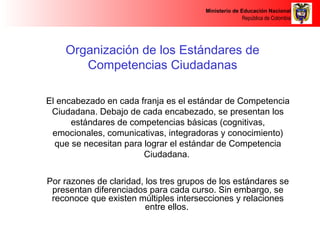 Ministerio de Educación Nacional 
República de Colombia 
Organización de los Estándares de 
Competencias Ciudadanas 
El encabezado en cada franja es el estándar de Competencia 
Ciudadana. Debajo de cada encabezado, se presentan los 
estándares de competencias básicas (cognitivas, 
emocionales, comunicativas, integradoras y conocimiento) 
que se necesitan para lograr el estándar de Competencia 
Ciudadana. 
Por razones de claridad, los tres grupos de los estándares se 
presentan diferenciados para cada curso. Sin embargo, se 
reconoce que existen múltiples intersecciones y relaciones 
entre ellos. 
 