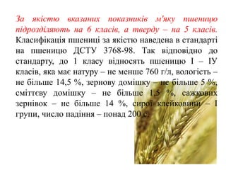 За якістю вказаних показників м'яку пшеницю
підрозділяють на 6 класів, а тверду – на 5 класів.
Класифікація пшениці за якістю наведена в стандарті
на пшеницю ДСТУ 3768-98. Так відповідно до
стандарту, до 1 класу відносять пшеницю І – ІУ
класів, яка має натуру – не менше 760 г/л, вологість –
не більше 14,5 %, зернову домішку – не більше 5 %,
сміттєву домішку – не більше 1,5 %, сажкових
зернівок – не більше 14 %, сирої клейковини – І
групи, число падіння – понад 200 с.
 