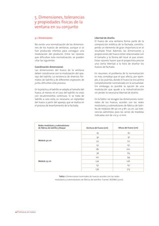 5. Dimensiones, tolerancias 
y propiedades físicas de la 
ventana en su conjunto 
5.1. Dimensiones 
No existe una normalización de las dimensio-nes 
de los huecos de ventanas, aunque sí se 
han producido intentos para conseguir una 
modulación del producto. Entre las razones 
que dificultan esta normalización, se pueden 
citar las siguientes. 
Coordinación dimensional: 
Las dimensiones del hueco de la ventana 
deben coordinarse con la modulación del apa-rejo 
del ladrillo. La existencia de diversos for-matos 
de ladrillo y de diferentes espesores de 
junta, dificultan este proceso. 
En la práctica, el ladrillo se adapta al tamaño del 
hueco, al menos en el caso del ladrillo no visto 
con recubrimientos continuos. Si se trata de 
ladrillo a cara vista, es necesario un replanteo 
del hueco a partir del aparejo, que se realiza en 
el proceso de levantamiento de la fachada. 
Libertad de diseño: 
El hueco de una ventana forma parte de la 
composición estética de la fachada, constitu-yendo 
un elemento de gran importancia en el 
resultado final. Además, las dimensiones y 
proporciones del hueco están relacionadas con 
el tamaño y la forma del local al que sirven. 
Estas razones hacen que el proyectista precise 
una cierta libertad a la hora de diseñar los 
huecos de fachada. 
En resumen, el problema de la normalización 
es más complejo que el que afecta, por ejem-plo, 
a las puertas, donde el hueco se encuentra 
completamente normalizado en la actualidad. 
Sin embargo, es posible la opción de una 
modulación que ayude a la industrialización 
sin perder la necesaria libertad de diseño. 
En la Tabla 1 se recogen las dimensiones nomi-nales 
de los huecos, acordes con las redes 
modulares y submodulares de fábrica de ladri-llo, 
de módulos M=30 cm y M= 25 cm. Las tole-rancias 
admitidas para las series de medidas 
indicadas son de +10 y -0 mm. 
20 I Ventanas de madera 
Anchura del hueco (cm) Altura del hueco (cm) 
Redes modulares y submodulares 
de fábrica de ladrillo y bloque 
61 
91 
121 
151 
181 
76 
101 
126 
151 
176 
Módulo 30 cm 
Módulo 25 cm 
61 
91 
121 
151 
210 
63 
94 
126 
151 
213 
Tabla 1. Dimensiones nominales de huecos acordes con las redes 
modulares y submodulares de fábrica de ladrillos. Fuente: AIDIMA (2010). 
 