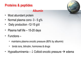 Proteins  peptides 
Albumin 
• Most abundant protein 
• Normal plasma conc- 3 - 5 g% 
• Daily production -12-15 g/d 
• Plasma half life – 15-20 days 
• Functions – 
• maintains plasma oncotic pressure (80% by albumin) 
• binds ions, bilirubin, hormones  drugs 
• Hypoalbuminemia – ¯ Colloid oncotic pressure  edema 
 