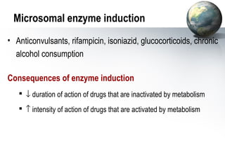 Microsomal enzyme induction 
• Anticonvulsants, rifampicin, isoniazid, glucocorticoids, chronic 
alcohol consumption 
Consequences of enzyme induction 
 ¯ duration of action of drugs that are inactivated by metabolism 
 ­ intensity of action of drugs that are activated by metabolism 
 
