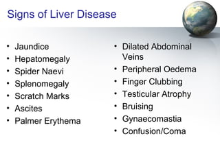 Signs of Liver Disease 
• Jaundice 
• Hepatomegaly 
• Spider Naevi 
• Splenomegaly 
• Scratch Marks 
• Ascites 
• Palmer Erythema 
• Dilated Abdominal 
Veins 
• Peripheral Oedema 
• Finger Clubbing 
• Testicular Atrophy 
• Bruising 
• Gynaecomastia 
• Confusion/Coma 
 