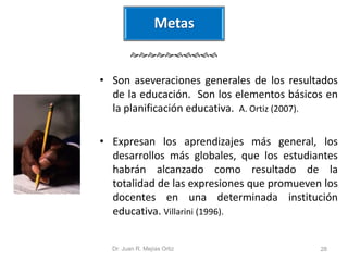 Metas 
 
• Son aseveraciones generales de los resultados 
de la educación. Son los elementos básicos en 
la planificación educativa. A. Ortiz (2007). 
• Expresan los aprendizajes más general, los 
desarrollos más globales, que los estudiantes 
habrán alcanzado como resultado de la 
totalidad de las expresiones que promueven los 
docentes en una determinada institución 
educativa. Villarini (1996). 
Dr. Juan R. Mejías Ortiz 28 
 