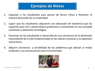 Ejemplos de Metas 
1. Capacitar a los estudiantes para pensar de forma crítica y fomentar el 
máximo desarrollo de su creatividad. 
2. Lograr que los estudiantes adquieran una educación de excelencia que los 
capaciten para vivir y desarrollarse profesional y cívicamente en una sociedad 
cambiante y altamente tecnológica. 
3. Fomentar en los estudiantes el desarrollo de una conciencia de la dimensión 
trascendente de la vida fundamentada en los valores cristianos y su expresión 
comunitaria. 
4. Adquirir conciencia y sensibilidad de los problemas que afectan al medio 
ambiente y sus consecuencias para la humanidad. 
Dr. Juan R. Mejías Ortiz 30 
 