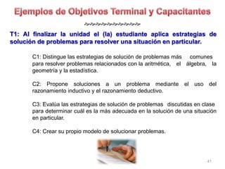  
T1: Al finalizar la unidad el (la) estudiante aplica estrategias de 
solución de problemas para resolver una situación en particular. 
C1: Distingue las estrategias de solución de problemas más comunes 
para resolver problemas relacionados con la aritmética, el álgebra, la 
geometría y la estadística. 
C2: Propone soluciones a un problema mediante el uso del 
razonamiento inductivo y el razonamiento deductivo. 
C3: Evalúa las estrategias de solución de problemas discutidas en clase 
para determinar cuál es la más adecuada en la solución de una situación 
en particular. 
41 
C4: Crear su propio modelo de solucionar problemas. 
 