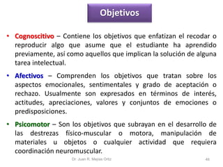Objetivos 
• Cognoscitivo – Contiene los objetivos que enfatizan el recodar o 
reproducir algo que asume que el estudiante ha aprendido 
previamente, así como aquellos que implican la solución de alguna 
tarea intelectual. 
• Afectivos – Comprenden los objetivos que tratan sobre los 
aspectos emocionales, sentimentales y grado de aceptación o 
rechazo. Usualmente son expresados en términos de interés, 
actitudes, apreciaciones, valores y conjuntos de emociones o 
predisposiciones. 
• Psicomotor – Son los objetivos que subrayan en el desarrollo de 
las destrezas físico-muscular o motora, manipulación de 
materiales u objetos o cualquier actividad que requiera 
coordinación neuromuscular. 
Dr. Juan R. Mejías Ortiz 46 
 