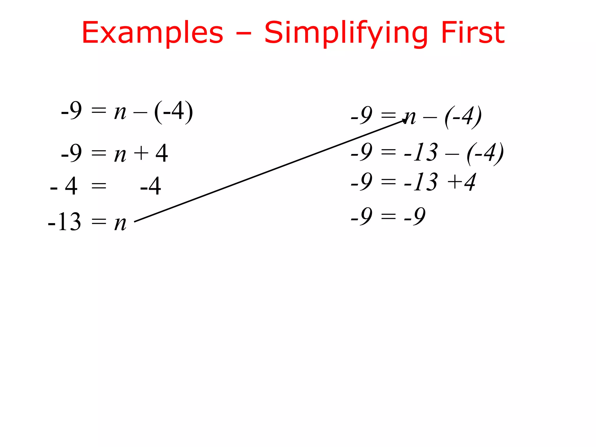 Examples – Simplifying First 
-9 = n – (-4) 
-9 = n + 4 
- 4 = -4 
-13 = n 
-9 = n – (-4) 
-9 = -13 – (-4) 
-9 = -13 +4 
-9 = -9 
 
