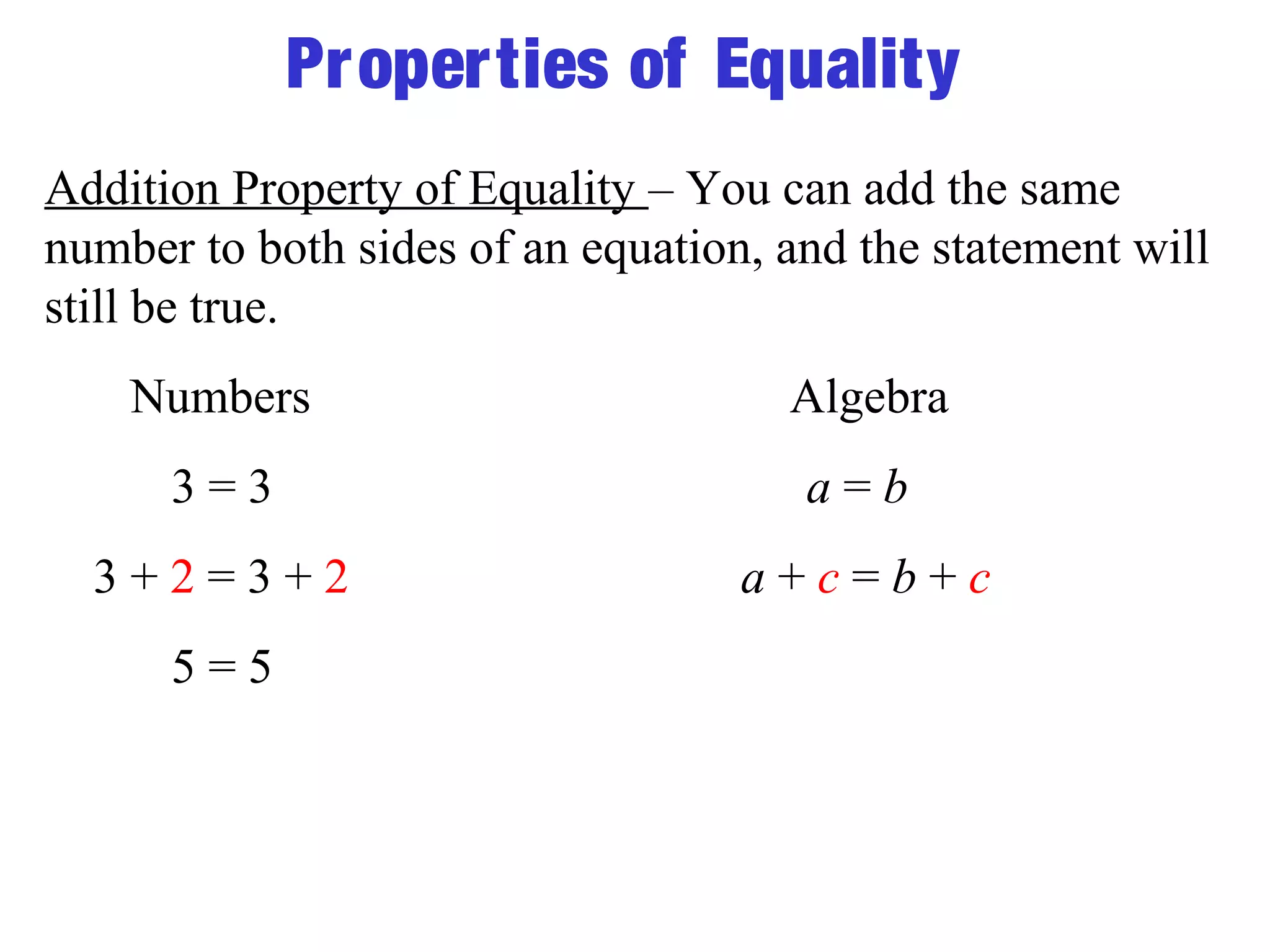Properties of Equality 
Addition Property of Equality – You can add the same 
number to both sides of an equation, and the statement will 
still be true. 
Numbers Algebra 
3 = 3 a = b 
3 + 2 = 3 + 2 a + c = b + c 
5 = 5 
 