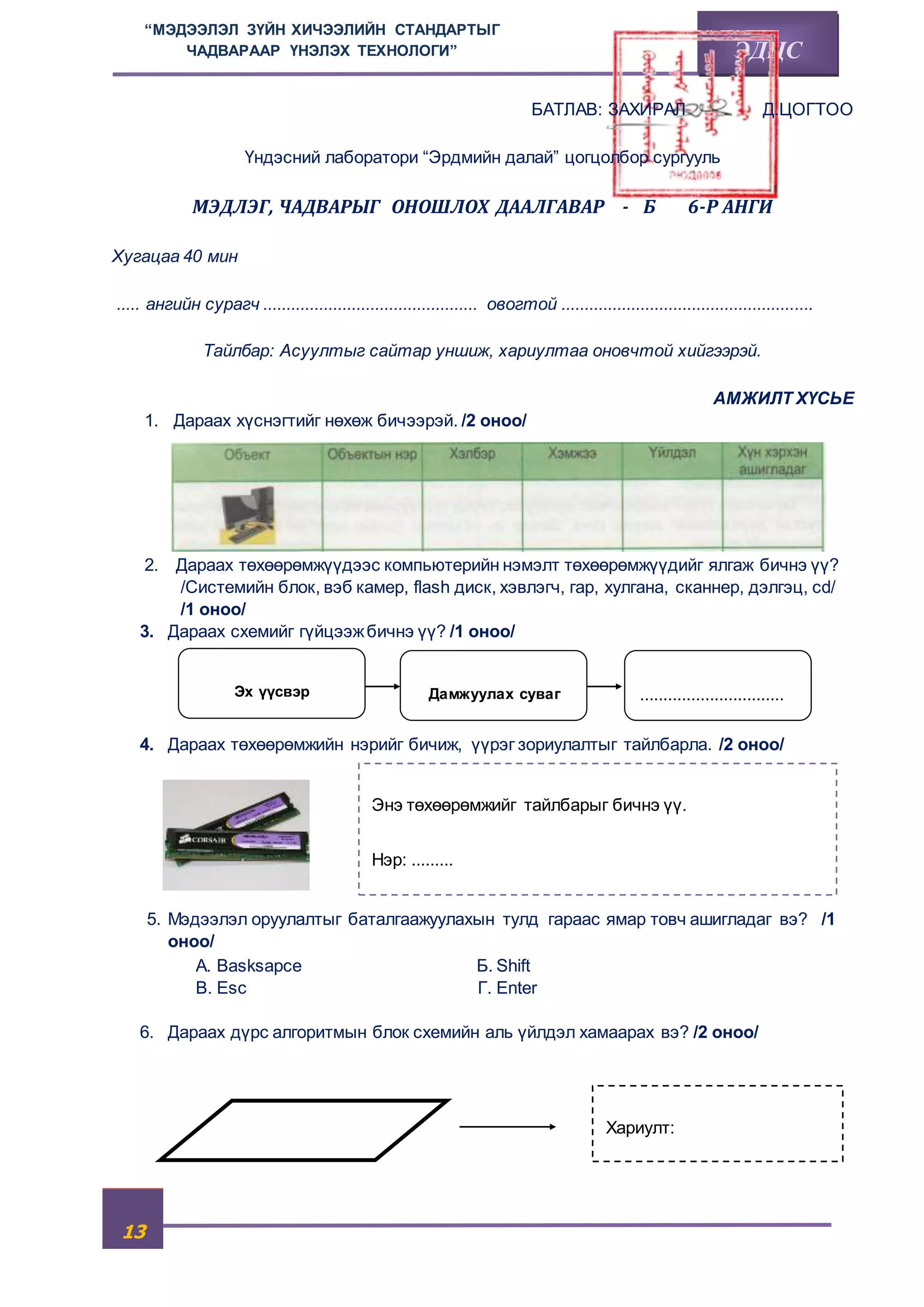 “МЭДЭЭЛЭЛ ЗҮЙН ХИЧЭЭЛИЙН СТАНДАРТЫГ 
13 
ЧАДВАРААР ҮНЭЛЭХ ТЕХНОЛОГИ” ЭДЦС 
БАТЛАВ: ЗАХИРАЛ Д.ЦОГТОО 
Үндэсний лаборатори “Эрдмийн далай” цогцолбор сургууль 
МЭДЛЭГ, ЧАДВАРЫГ ОНОШЛОХ ДААЛГАВАР - Б 6-Р АНГИ 
Хугацаа 40 мин 
..... ангийн сурагч .............................................. овогтой ...................................................... 
Тайлбар: Асуултыг сайтар уншиж, хариултаа оновчтой хийгээрэй. 
АМЖИЛТ ХҮСЬЕ 
1. Дараах хүснэгтийг нөхөж бичээрэй. /2 оноо/ 
2. Дараах төхөөрөмжүүдээс компьютерийн нэмэлт төхөөрөмжүүдийг ялгаж бичнэ үү? 
/Системийн блок, вэб камер, flash диск, хэвлэгч, гар, хулгана, сканнер, дэлгэц, cd/ 
/1 оноо/ 
3. Дараах схемийг гүйцээж бичнэ үү? /1 оноо/ 
Эх үүсвэр Дамжуулах суваг ............................... 
4. Дараах төхөөрөмжийн нэрийг бичиж, үүрэг зориулалтыг тайлбарла. /2 оноо/ 
Энэ төхөөрөмжийг тайлбарыг бичнэ үү. 
5. Мэдээлэл оруулалтыг баталгаажуулахын тулд гараас ямар товч ашигладаг вэ? /1 
оноо/ 
А. Basksapce Б. Shift 
В. Esc Г. Enter 
6. Дараах дүрс алгоритмын блок схемийн аль үйлдэл хамаарах вэ? /2 оноо/ 
Хариулт: 
Нэр: ......... 
Юунд хэрэглэдэг: ...... 
Үүрэг: .............. 
 