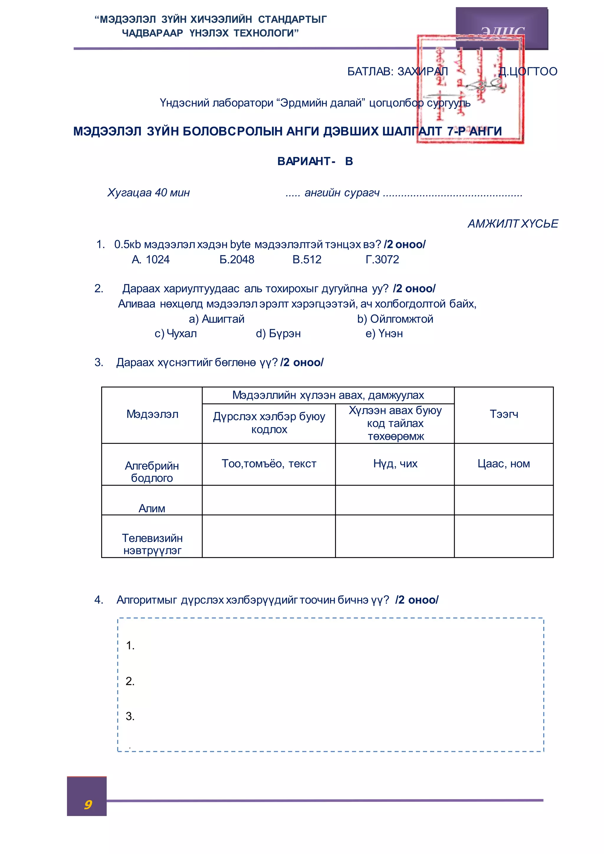 9 
“МЭДЭЭЛЭЛ ЗҮЙН ХИЧЭЭЛИЙН СТАНДАРТЫГ 
ЧАДВАРААР ҮНЭЛЭХ ТЕХНОЛОГИ” ЭДЦС 
БАТЛАВ: ЗАХИРАЛ Д.ЦОГТОО 
Үндэсний лаборатори “Эрдмийн далай” цогцолбор сургууль 
МЭДЭЭЛЭЛ ЗҮЙН БОЛОВСРОЛЫН АНГИ ДЭВШИХ ШАЛГАЛТ 7-Р АНГИ 
ВАРИАНТ- В 
Хугацаа 40 мин ..... ангийн сурагч .............................................. 
АМЖИЛТ ХҮСЬЕ 
1. 0.5кb мэдээлэл хэдэн byte мэдээлэлтэй тэнцэх вэ? /2 оноо/ 
А. 1024 Б.2048 В.512 Г.3072 
2. Дараах хариултуудаас аль тохирохыг дугуйлна уу? /2 оноо/ 
Аливаа нөхцөлд мэдээлэл эрэлт хэрэгцээтэй, ач холбогдолтой байх, 
a) Ашигтай b) Ойлгомжтой 
c) Чухал d) Бүрэн e) Үнэн 
3. Дараах хүснэгтийг бөглөнө үү? /2 оноо/ 
Мэдээлэл 
Мэдээллийн хүлээн авах, дамжуулах 
Дүрслэх хэлбэр буюу Тээгч 
кодлох 
Хүлээн авах буюу 
код тайлах 
төхөөрөмж 
Алгебрийн 
бодлого 
Тоо,томъёо, текст Нүд, чих Цаас, ном 
Алим 
Телевизийн 
нэвтрүүлэг 
4. Алгоритмыг дүрслэх хэлбэрүүдийг тоочин бичнэ үү? /2 оноо/ 
1. 
2. 
3. 
4 
 