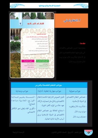 حضارات شبه الجزيرة العربية قبل ظهور الإسلام 
38 دليل المعلم - التاريخ - الصف الثانى الثانوى الوحدة الأولى 
¤hC’G IóMƒdG 
 …ƒfÉãdG ÊÉãdG ∞°üΠd-ïjQÉàdG 
: ¿CG ≈ΠY GQkOÉb ÖdÉ£dG ¿ƒμj ¿CG ¢SQódG Gòg ájÉ¡f »a ™bƒàj 
cGž`˜A'c˜Gs•A'ŸA%'œ*ujDŸd- À¡`˜A'/Æ B™BcB¡i's-#­'–D#'a*uG ● 
.œ(_`{4E À¡`˜A'cAž‰7¡)EsŒA'™7'žB|y’pd{wG ● 
c BÆ{3%­')ž9sA'u{xC“-'uB|y’pd{wG ● 
œ(_m{5#'EÀ¡`˜’A|xGu?/_›}{6'b_`{3#'u{w‰G ● 
!_‰ƒ{zA'Es `ƒA'‹_d@#'Ÿ’9—_?—Æ{3%­'š#_(!_9/­'#_}.c pG1_dA'cA/#­_(™Du`G ● 
™ •’{w•’AŸAE'#)JujD1K'/šždAc{x`mA'/Æ(À”ž{3uA'1_ d.'b_`{3#'/smG ● 
)ž9sA'u{x˜A'vH@uBŠ_}A'À¡`˜A'1_ d.'b_`{3#'kd˜d{wG ● 
c˜Gs•A'ŸA%')uj›A'u {3~.c}GupA'Ÿ’9/smG ● 
c˜Gs•A'ŸA%')uj›A'o_jC¡f_ {yp{xA'|zƒ(1E//smG ● 
c˜Gs•A'ŸA%' À”ž{3uA')ujD™Bu`ƒA'E|3E1sA'|y’pd{wG ● 
œ*_‰{5EÀŸ`˜A'ŽÆ.#_(¢sdŒG ● 
c˜7'ž•A'“,#'™Bc (udA' ● 
š_{wC%­'ŽžŒ-● 
)#'u•A'ŽžŒ-● 
áæª°†àªdG ÉjÉ°†≤dGh º«≤dG 
s?_˜A'u ‰dA'● 
—_-#­'1's{5%' ● 
cA/#­'—'spd{3'● 
~ }pdA' ● 
fÆ{x•A'“- ● 
áæª°†àªdG äGQÉ¡ªdG 
2 
أهداف الدرس : 
2.ظهور الإسلام 
جوانب التعلم المتضمنة بالدرس 
جوانب معرفية جوانب مهارية ) عقلية- أدائية( جوانب وجدانية 
- ملاح حياة الرسول . 
- مراحل الدعوة الإسلامية )مكية 
– مدنية( 
- تحليل البنود المتضمنة بوثيقة 
المقاطعة. 
- قراءة وتحليل الخرائط والرسوم 
البيانية . 
- رسم وقراءة الأشكال المعرفية. 
- يبرهن على أهمية دور ومكانة 
المرأة العربية بعد ظهور الإسلام. 
- يقتدى بأخلاق النبي . 
- يقدر دور بعض الشخصيات فى 
نجاح الهجرة إلى المدينة. 
- تكوين اتجاه إيجابى نحو الرغبة فى 
التأمل والتفكير، ومناصرة المظلوم. 
مقدمة : 
يتناول هذا ال ¶¶درس ملامح الرسول 
فى مكة، وبعض سماته الشخصية، كما 
يتضمن مراحل نشر الدعوة الإسلامية 
ودور بعض الشخصيات فى نجاح الهجرة 
إلى المدينة بالإضافة إلى الدروس المستفادة 
من هجرة الرسول . 
 