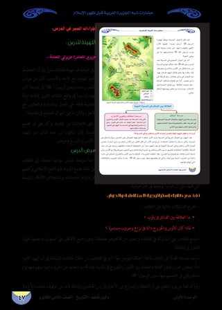 الوحدة الأولى دليل المعلم - التاريخ - الصف الثانى الثانوى 
حضارات شبه الجزيرة العربية قبل ظهور الإسلام 
31 
- اترك لهم الوقت الكافي للقراءة، والتسجيل، ابدأ 
بالمجموعة الأولى. 
- اطلب من قائد المجموعة الأولى عرض ما توصلت 
إليه مجموعته من خريطة معرفية على أقرانه 
بالمجموعات الأخرى. 
نفذ مع طلابك استراتيجية المناقشة 
والحوار: 
- اطلب من طلاب المجموعات الأخرى توجيه 
بعض التساؤلات عن ماتم عرضه، والتي يتوقع أن 
تكون: 
• من هم سكان شبه الجزيرة العربية؟ وما الفرق 
بينهم؟ 
• ما المقصود بالقبيلة؟ من يتولى إدارتها؟ 
• ما مهام شيخ القبيلة؟ 
• مما يتكون مجلس القبيلة؟ وما مهامه؟ 
• كيف كانت العلاقات بين القبائل العربية؟ 
• مما يتكون نظام الحكم في اليمن، الغساسنة، الحيرة؟ 
• ما مهام كل من الملك، كبار الموظفين، حكام الأقاليم، المجلس العام ، الجيش؟ 
- شجع طلاب المجموعة على الإجابة عن تساؤلات أقرانهم على أن تنظم المناقشة بينهم وتحديد من يتقدم بالسؤال ومن يجيب، 
واحرص على تقديم المساعدة لهم وتذليل الصعوبات كلما أمكن. 
- أكد لهم أثناء المناقشة أن: 
القبيلة تُعد وحدة النظام السياسى، وتخضع لدستور من العرف والتقاليد يربط أفرادها رباط الدم والنسب ويلتزم الفرد 
بتأييد مصالحها والعمل من أجلها، والتأكيد على أهمية الانتماء للوطن واحترام قوانينه والمحافظة على موارده، ومن واجب 
شيخ القبيلة تولى إدارة القبيلة بما يحقق مصالحها، ويحفظ أمنها ، وأن النظام السياسى فى الحضر كان وراثيًا شبه ملكيًّا. 
- اطلب من مقرر المجموعة تلخيص الإجابات على السبورة وناقشها معهم، وعزز استجاباتهم. 
…ƒfÉãdG ÊÉãdG ∞°üΠd-ïjQÉàdG  
ΩÓ°SE’G Qƒ¡X πÑb á«Hô©dG Iôjõ÷G ¬Ñ°T äGQÉ°†M 
:RÉéëdG OÓH á«Hô©dG IôjõédG ¬Ñ°T ÜôZ ¿óe -2 
‹uƒ*Ec A_dA'c}GupA'#'u?'Š_}A'EbugGEcB_›CsBu›{4#'™BE 