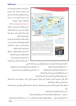 الوحدة الثالثة 
117 
‰fQ تتركز معظم هذه الصناعات في أقاليم صناعية كبرى حول العالم .... 
لاحظ الخريطة التالية واستنتج أهم الأقاليم الصناعية بالعالم. ÈmfQ|^= 
.ŠTm^Tm ogKmeZTÐ ŠgTmRúÐ (Á) ‰bH 
:cw mX ow|TÐ ‹X r™e™–h 
أن أكبر الأقاليم الصناعية في العالم تمتد في العروض الوسطى من المسيسبى 
غربًا في أمريكا الشمالية إلى أوربا، ثم جبال الأورال شرقًا في روسيا الاتحادية، 
فهل تعرف سبب تسميته بهذا Power Belt فيما يعرف باسم نطاق القوى المحركة 
الاسم...؟ لأنه يستهلك نحو ٩٠ ٪ من جملة الطاقة المحركة في العالم سنويًا 
من الفحم والبترول والغاز الطبيعي والكهرباء والطاقة النووية وينتج هذا 
الإقليم معظم إنتاج العالم من الصناعات الثقيلة مثل الحديد والصلب والآلات 
وبناء السفن والسيارات والقاطرات والطائرات والصناعات الميكانيكية 
والكيماوية. 
كما نلاحظ من الخريطة وجود بعض المناطق الصناعية في بعض الدول 
مثل مصر وجنوب إفريقيا وشرق أمريكا الجنوبية وغرب أمريكا الشمالية. 
أضف إلى معلوماتك: 
Ñ}Qí ºÒ{šeUÐ ÓnxøŽUÐ {_ 
ØnøÐ Ñ}Qí ºën=nhUÐí ºn=ÚíÌ 
(nhiÐ}TíÌí nhHíÚ) nbð=nH šhRŽ—UÐ 
.‹Un_UÐ R phLnf[UÐ ‹hUnSúÐ ‹wÌ ŒY 
ošwzœTÐ ÓmKmeZTÐ 
(um‚ ũsgm7bƁ umjs ūůsj) umjk8Ŧ umŦ‚e à ƃ“s9Ŧ •s9Ŧ Œ`Ŧ 78 
سم 5 ستمع لإجابات طلابك وعززهم ثم ار 5 ا 
سبورة  صناعة على ال  صنيف ال  س ت  س5أ� 
شكل تخطيطي، واعط لهم مثال على 6 في 
صناعة 7 تعد » ةBBBB صناعة األدوي 7« كBB ذل 
ستهلاكية- خفيفة – تحويلية. 5 ا 
سئلة 5 ستراتيجية طرح الأ5 ستخدام ا 5 • با 
صناعات باختلاف أن ال � ضح لطلابك 8 • و 
أنواعها تتوزع على دول العالم المختلفة � 
ربى تتركز فيها Bأقاليم ك � ولكن هناك 
صناعات العالم. 7 معظم 
• كلف طلابك بملاحظة الخريطة وقراءة 
ص 78 7 سي 5 التعليق عليها في الكتاب المدر 
ؤلات � سا أكبر عدد ممكن من الت � صياغة 7 و 
ص المكتوب.  على الخريطة و الن 
• اترك وقت لطلابك للتفكير و ملاحظة 
ؤلات. � سا  الخريطة والقراءة وتدوين الت 
إلى مجموعتين بحيث: � سمهم  • ثم ق 
• تطرح المجموعة الأولى على المجموعة 
سبيل المثال كما يلي: 5 صياغتها ولتكن على ؤلات التي قامت ب � سا  ض الت ‚ الثانية بع 
أفريقيا؟ � سيا و 5آ� صناعية الجديدة بقارتى  صناعية بالعالم؟ 2. ما المناطق ال  شهر الأقاليم ال 6أ� 1. ما 
صناعي؟ أوربا ال � إقليم غرب � ضمها ‚إفريقيا؟ 4. ما الدول التي ي � صناعية الجديدة بقارة  3. ما المناطق ال 
شمالية؟ €أمريكا ال � صناعي بقارة أين يتركز الإقليم ال � .5 
شمالية؟ €أمريكا ال � صناعية الجديدة بقارة أين تتركزالمناطق ال � .6 
لات المجموعة األولى تباعًا ، وتابعهم بتحديد تلك المناطق � ساؤ • كلف طلاب المجموعة الثانية بالإجابة على ت 
صناعية على خريطة حائطية للعالم.  ال 
سبيل المثال كما 5ؤلات على طلاب المجموعة الأولى ولتكن على � سا  ض الت ‚ • ثم كلف طلاب المجموعة الثانية بطرح بع 
يلي: 
صناعية بالعالم؟ أكبر الأقاليم ال � أين يمتد � .1 
سم نطاق القوى المحركة. 5 صناعية با إقليم المناطق ال � سر.....؟ يعرف  2. بم تف 
أكثر من 90 % من جملة الطاقة المحركة بالعالم. � صناعية إقليم المناطق ال � ستهلاك 5 3. ما النتائج المترتبة على .....؟ ا 
 