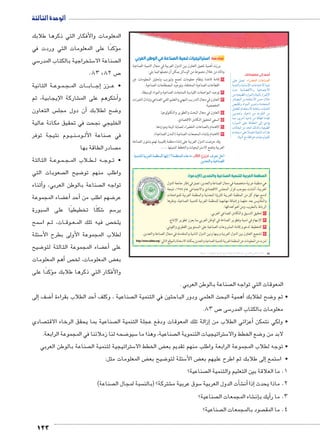 الوحدة الثالثة 
المعلومات والأفكار التي ذكرها طلابك 
ؤكدًا على المعلومات التي وردت في � م 
سي 5 ستخراجية بالكتاب المدر 5 صناعة الا  ال 
123 
.83 ، ص 82 7 
ة الثانية BB وع BB مBB جBB ات الم BBB اب BBB ج� زز إBBB • ع 
شاركة الإيجابية، ثم € شكرهم على الم 6أ� و 
س التعاون أن دول مجل � ضح لطلابك 8 و 
الخليجي نجحت في تحقيق مكانة عالية 
وم نتيجة توفر BB يBB نBB وم BB صناعة األل 7 في 
صادر الطاقة بها  م 
ة الثالثة BB وع BB مBB جBB لاب الم B طBB ه ل BB وج BB • ت 
صعوبات التي  ضيح ال 8 واطلب منهم تو 
أثناء � صناعة بالوطن العربي، و  تواجه ال 
ضاء المجموعة ‚أع� أحد � ضهم اطلب من 8 عر 
سبورة  شكلًا تخطيطيًا على ال 6 سم 5 ير 
سمح 5 م ا BB ات، ث BB وق BB عBB ص فيه تلك الم  يلخ 
سئلة 5 لطلاب المجموعة األولى بطرح الأ 
ضيح 8 ضاء المجموعة الثالثة لتو ‚أع� على 
هم المعلومات � ص أ ض المعلومات، لخ ‚ بع 
ؤكدًا على � والأفكار التي ذكرها طلابك م 
سادسًا: استراتيجيات تنمية الصناعة في الوطن العربي 
برزت أهمية تفعيل التعاون بين الدول العربية في مجال التنمية الصناعية 
وذلك من خلال مجموعة من الوسائل يمكن أن نجملها فيما يلي: 
١ إقامة قاعدة ونظام معلومات لجمع وتبويب وتحليل المعلومات عن 
القطاعات الصناعية المختلفة، وتوحيد المصطلحات الصناعية. 
٢ توحيد المواصفات القياسية للمنتجات الصناعية والمواد الوسيطة. 
٣ التعاون في مجال التدريب المهني والتعليم الفني الصناعي وتبادل الخبرات 
التخصصية. 
٤ التعاون في مجال البحث والتطوير والتكنولوجيا. 
٥ السعي لتحقيق التكامل الاقتصادي. 
٦ الاهتمام بالصناعات الخضراء لحماية البيئة ومواردها. 
٧ الاهتمام بإنشاء المجمعات الصناعية (المدن الصناعية). 
وقد حرصت الدول العربية على إنشاء منظمة إقليمية تهتم بشئون الصناعة 
العربية وتضع الاستراتيجيات والخطط لتنميتها ...... 
ogde™cT og|^TÐ od]edTÐ mfhÎ (Èod]edTÐ ì{v mX ðĿîĤĿí őĐœĐī æ|^= ‰v) 
.‹wz^™TÐí ogKmeZTÐ 
أضف إلى معلوماتك: 
dL Še_ :ÊÐ|[TÐ ÓmKmeZTÐ 
phefšUÐí phin—iüÐ Ón@nhšAøÐ ph˜d 
ëíØ pxØn[šSøÐí phLneš@øÐ 
ŒY ºph_h˜]UÐ ØÚÐŽeUÐí pþh˜Un= ÚÐ}”üÐ 
ÚØn[eUÐ ŒY ÒØnašHøÐ Œ—A éĆB 
hdbí ØÐŽeUÐ }xí{í ÒØ{œšeUÐ 
ŠhdbšdU êÐ{žšHøÐ ÒØnLÎí ÓnxnafUÐ 
Œh—í ºphAni ŒY ÔŽdšUÐ ŒY 
neY ºî}BÌ phAni ŒY pSn]UÐ ÒÊnaT 
ØÚÐŽeUÐ dL ánaUÐ UÎ ïØkx 
Ón?n_˜iÐ ŒY {UÐ ‰U|Tí ph_h˜]UÐ 
êÐ{žšHÐ dL ÐðØnešLÐ pþhR{UÐ ÓÐÛnQ 
.pþh˜UÐ …Y pbRÐŽšY Ónh@ŽUŽfc 
يدمو): U المنظمة العربية للتنمية الصناعية والتعدين (ا 
هي منظمة عربية متخصصة في مجال الصناعة والتعدين، تعمل في إطار جامعة الدول 
العربية، أنشئت بموجب قرار المجلس الاقتصادي والاجتماعي عام ١٩٨٨ ، نتيجة 
لدمج مهام كل من المنظمة العربية للثروة المعدنية والمنظمة العربية للمواصفات 
والمقاييس بعد حلهما وإضافة مهامهما للمنظمة العربية للتنمية الصناعية، ومقرها 
الرباط بالمغرب، ومن أهم أهدافها: 
١ تحقيق التنسيق والتكامل الصناعي العربي. 
٢ الإسهام في تنمية وتطوير الصناعة في الوطن العربي بما يعزز تطوير الإنتاج. 
٣ التخطيط لدعم وإقامة المشروعات الصناعية على المستويين القطري والقومي. 
٤ تشجيع التعاون بين الدول العربية وبينها وبين الدول النامية والمتقدمة في مجال الصناعة والتعدين. 
http://www.aidmo.org/ : لمزيد من المعلومات عن المنظمة العربية للتنمية الصناعية والتعدين يمكنك الاستعانة بالموقع التالي 
(um‚ ũsgm7bƁ umjs ūůsj) umjk8Ŧ umŦ‚e à ƃ“s9Ŧ •s9Ŧ Œ`Ŧ 84 
صناعة بالوطن العربي .  المعوقات التي تواجه ال 
إلى � ضف 8أ� أحد الطلاب بقراءة � صناعية ، وكلف  همية البحث العلمي ودور الباحثين في التنمية ال � ضح لطلابك أ8 • ثم و 
. ص 83 7 سى 5 معلومات بالكتاب المدر 
صادي  صناعية بما يحقق الرخاء الاقت  زالة تلك المعوقات ودفع عجلة التنمية ال �أعزائي الطلاب من إ� • ولكي نتمكن 
ضحه لنا زملائنا في المجموعة الرابعة. 8 سيو 5 صناعية، وهذا ما  ستراتيجيات التنموية ال 5 ضع الخطط والا 8 لابد من و 
صناعة بالوطن العربي  ستراتيجية لتنمية ال 5 ض الخطط الا ‚ • توجه لطلاب المجموعة الرابعة واطلب منهم تقديم بع 
ض المعلومات مثل: ‚ ضيح بع 8 سئلة لتو 5 ض الأ‚إلى طلابك ثم اطرح عليهم بع � ستمع 5 • ا 
صناعية؟  1. ما العلاقة بين التعليم والتنمية ال 
صناعة(  سبة لمجال ال  شتركة؟ )بالن € سوق عربية م 5 شأت الدول العربية � €أن� إذا � 2. ماذا يحدث 
صناعية؟  شاء المجمعات ال €إن�أيك ب � 3. ما ر 
صناعية؟  صود بالمجمعات ال  4. ما المق 
 