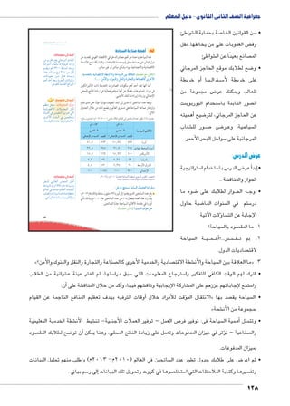 جغرافية الصف الثانى الثانوى - دليل المعلم 
128 
umsmŦ umjk8Ŧ à ŠŦ‚Ŧ ŲŰ€Ŧ 
‹^fY ŠœH :ÓmKQzdTÐ ëÐ}gX 
pxØnå[šSøÐ ÓĆåYn_eUÐ ŠcU 
pUí{UÐ R ŒhehbeUÐ Œh= ‹š šUÐ 
î}BúÐ éí{ååUÐ R ŒhehbeUÐí 
.pfH ëŽc nY ÒØnL phfYÛ Ò}šR éĆB 
87 
أولاً: أهمية صناعة السياحة 
تعدالسياحة واحدة من أهم مصادرالدخل في الاقتصاد القومي للعديد من 
دول العالم، فهي صناعة متطورة ومتعددة الاتجاهات والتشابكات مع الأنشطة 
الاقتصادية والاجتماعية سواء بشكل مباشر أو غير مباشر. 
ogXzTÐí owØmZ™RøÐ oYhúÐí o@mg–TÐ ‹g oR°^TÐ ˆdc^X „X Rmh) 
.(.... ‹XúÐí ºèe—TÐí ‰aeTÐí ÒÚm›™TÐí oKmeZTmS î|AúÐ 
كما أنها تعد أحد أهم مكونات الصادرات الخدمية ذات التأثيرالكبير 
في ميزان المدفوعات، فضلًا عن أنها تساهم بفعالية في زيادة الناتج المحلي 
الإجمالي وزيادة إيرادات النقد الأجنبي. 
ويعد عدد السائحين الوافدين إلى البلد المضيف مؤشرًا جيدًا على مدى تقدم 
وازدهار صناعة السياحة على مستوى العالم ويتضح ذلك من خلال الجدول 
التالي: 
(xýmG ëgcdTm) (ê½»¼¾ ºê½»¼») XmK é°A ŠTm^TÐ Q ‹gœým–TÐ ØzK Ú= :(¿) éíz? 
og@mg–TÐ ŠgTmRúÐ 
ê½»¼¾ ê½»¼» 
‹gœým–TÐ ‹gœým–TÐ 
% Tmd?üÐ ‹X Œ—–eTÐ Øz^TÐ % Tmd?üÐ ‹X Œ—–eTÐ Øz^TÐ 
À¼¸Â ÀÁ¾ À»¸Â¿ ¿ÂÂ n=ÚíÌ 
½½¸Ã ½¿Ã ½¼¸Â ½»¿ ïØngUÐ ƒheUÐí nhHË 
¼À¸À ¼ÁÄ ¼À¸ÄÁ ¼À» Œhšcx}YúÐ 
À¸½ ÀÁ À¸½¼ ¿Ä nhbx}RÎ 
¿¸Ã À½ Á¸¾Ã Á» ƒHíúÐ ç}ZUÐ 
¼»» ¼»ÃÃ ¼»» Ä¿» Une@üÐ 
.ê½»¼¾í ºê½»¼» ogdTm^TÐ o@mg–TÐ od]edT ïe–TÐ |w|a™TÐ :ÚzZdTÐ http://www2.unwto.org/ar/annual-reports 
:cw mX r™e™–h ‡m–TÐ éíz›TÐ ÒÊÐ|aí 
بلغ عدد السائحين الذين وفدوا إلى أوربا ٥٦٣ مليون سائحًا وذلك عام ٢٠١٣ م، 
وقد زاد هذا العدد بمعدل ١٨ ٪ عن عدد السائحين عام ٢٠١٠ م وبذلك تأتي 
أوربا في مقدمة الأقاليم السياحية جذبًا للسائحين. 
(ناقش معلمك). Èn—–TÐ æ|^= ‰v 
أضف إلى معلوماتك: 
ŒY Ñ}bUn= …bx in@}eUÐ ~@nUÐ 
nhUÐ}šHÌ éneZ= {iø~fxŽT pxøí 
‹xí ‹T ½¾»» pRn—eU {šexí 
ën@}eUÐ ŒY âŽi ¾À» ŒY }›TÌ 
ÓniÐŽhUÐ ŒååY Šýnw Ø{ååLí 
‹wÌ {AÌ {_xí px}˜UÐ Ónn˜fUÐí 
.ÞŽ`dU pheUn_UÐ …SÐŽeUÐ 
أضف إلى قاموسك 
أضف إلى معلوماتك: 
}a—dU eUn_UÐ dœeUÐ ŒdLÌ 
pAnh—UÐ ëÌ ê¼ÄÄ¿ ênL pAnh—UÐí 
‹Un_UÐ R pLnfÉ ‹ž”Ì q˜ÉÌ 
od[UÐí ÓÐÚnh—UÐ ÓnLnfÉ ph]žšY 
.LÐÚ~UÐ ànZfUÐí Ónhií}šcUüÐí 
شواطئ € صة بحماية ال 7 سن القوانين الخا 5 • 
ض العقوبات على من يخالفها. نقل ‚ وف 
شواطئ € صانع بعيدًا عن ال  الم 
ضح لطلابك موقع الحاجز المرجاني 8 • و 
أو خريطة � اBB يBB رتال B سBB5 على خريطة لأ 
ض مجموعة من 8 للعالم، ويمكنك عر 
ستخدام البوربوينت 5 صور الثابتة با  ال 
أهميته � ضيح 8 عن الحاجز المرجاني، لتو 
شعاب € ور لل BB صBB7 ض BB8 رBB سياحية، وع  ال 
سواحل البحر الأحمر. 5 المرجانية على 
عرض الدرس: 
ستراتيجية 5 ستخدام ا 5 س با 5 ض الدر 8أ عر �إبد � • 
شة .. € الحوار والمناق 
ضوء ما 8 وار لطلابك على BBB ه الح BB • وج 
ضية حاول 8 سنوات الما  ستم في ال 5 در 
ؤلات الآتية � سا  الإجابة عن الت 
سياحة؟  صود بال  1. ما المق 
سياحة  ة ال BBB يBBB مBBBأه�؟... رB سBBBB فBBB 2. بم ت 
صاديات الدول.  لاقت 
»؟ صناعة والتجارة والنقل والبنوك والأمن  صادية والخدمية األخرى كال  شطة الاقت € سياحة والأن  ما العلاقة بين ال « .3 
شوائية من الطلاب € ستها، ثم اختر عينة ع 5 سبق درا 5 سترجاع المعلومات التي 5 • اترك لهم الوقت الكافي للتفكير وا 
ن: � شة على أ€أكد من خلال المناق � شهم فيها، و € شاركة الإيجابية وناق € ستمع لإجاباتهم عززهم على الم 5 وا 
أوقات الترفيه بهدف تعظيم المنافع الناجمة عن القيام � ؤقت للأفراد خلال � الانتقال الم « صد بها  سياحة يق  • ال 
» شطة € بمجموعة من الأن 
شطة الخدمية التعليمية € شيط الأن € ص العمل – توفير العملات الأجنبية- تن 7 سياحة في: توفير فر أهمية ال � • وتتمثل 
صود  ضح لطلابك المق 8أن تو � ؤثر في ميزان المدفوعات وتعمل على زيادة الناتج المحلي، وهنا يمكن � صناعية – ت  وال 
بميزان المدفوعات. 
سائحين في العالم ) 2010 م- 2013 م( واطلب منهم تحليل البيانات  ض على طلابك جدول تطور عدد ال 8 • ثم اعر 
سم بياني . 5إلى ر � صوها في كروت وتحويل تلك البيانات  ستخل 5 سيرها وكتابة الملاحظات التي ا  وتف 
 