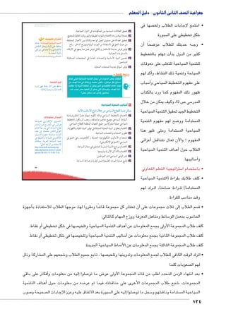 جغرافية الصف الثانى الثانوى - دليل المعلم 
صها في  ستمع إلجابات الطلاب ولخ 5 • ا 
سبورة  شكل تخطيطي على ال 6 
أن � ضحًا 8 ه حديثك للطلاب مو BB • وج 
أت تهتم بالتخطيط � كثير من الدول بد 
سياحية للتغلب على معوقات  للتنمية ال 
أكد لهم � شاط، و € سياحة وتنمية ذلك الن  ال 
سباب 5أ� سياحي و  على مفهوم التخطيط ال 
ظهور ذلك المفهوم كما ورد بالكتاب 
ص 92 ، وكيف يمكن من خلال 7 سي 5 المدر 
سياحية  التخطيط الجيد تحقيق التنمية ال 
ضح لهم مفهوم التنمية 8 ستدامة وو  الم 
ستدامة ومتى ظهر هذا  سياحية الم  ال 
أعزائي � ش€ المفهوم ؟ والآن تعال نتناق 
سياحية  هداف التنمية ال � الطلاب حول أ 
ساليبها. 5أ� و 
ستراتيجية التعلم التعاوني 5 ستخدام ا 5 • با 
سياحية  • كلف طلابك بقراءة )التنمية ال 
رك لهم BB صامتة، ات 7 راءة BB ستدامة( ق  الم 
سب للقراءة . 5 وقت منا 
umsmŦ umjk8Ŧ à ŠŦ‚Ŧ ŲŰ€Ŧ 
أضف إلى قاموسك 
ànZi :oXÐz™–dTÐ og@mg–TÐ ogde™TÐ 
ŠYncšUÐ ˆbxí pþh˜UÐ dL „Rnx 
b}xí Lneš@øÐí ïØn[šSøÐ 
.pxÚne_eUÐ pþh˜Un= 
.«ê¼ÄÄ¾ êmK ogXaTÐ Ómv}™edTÐí oþg—cT íÚíúÐ Ømœ=øÐ» 
أجهزة � ستفادة ب 5أن تختار كل مجموعة قائدًا ومقررًا لها، موجهًا الطلاب للا � إلى ثلاث مجموعات على � سم الطلاب  • ق 
سائط ومناهل المعرفة ووزع المهام كالتالي: 5 سوب بمعمل الو 5 الحا 
أو نقاط. � شكل تخطيطي 6 صها في  سياحية وتلخي أهداف التنمية ال � كلف طلاب المجموعة الأولى بجمع المعلومات عن 
أو نقاط. � شكل تخطيطي 6 صها في  سياحية وتلخي  ساليب التنمية ال 5أ� كلف طلاب المجموعة الثانية بجمع معلومات عن 
سياحية الجديدة  كلف طلاب المجموعة الثالثة بجمع المعلومات عن الأنماط ال 
شاركة وذلل € شجعهم على الم 6 صها ، تابع جميع الطلاب و  • اترك الوقت الكافي للطلاب لجمع المعلومات وتدوينها وتلخي 
صعوبات كلما  لهم ال 
أفكار على باقي �إليه من معلومات و � صلوا 7 ض ما تو 8 • بعد انتهاء الزمن المحدد اطلب من قائد المجموعة الأولى عر 
أهداف التتنمية � ضه من معلومات حول 8 شته فيما تم عر € شجع طلاب المجموعات الأخرى على مناق 6 المجموعات، 
صوب 7 صحيحة و  سبورة بعد الاتفاق عليه وعزز الإجابات ال إليه على ال � صلوا 7 سجل ما تو 5 شهم و € ستدامة وناق  سياحية الم  ال 
134 
93 
ب تعميق العلاقات السياسية بين الحكومات في الدول السياحية. 
جـ حماية البيئة وزيادة الاهتمام بالموارد الطبيعية والموروثات الثقافية للمجتمع. 
د تحقيق العدالة على مستوى الجيل الواحد وكذلك بين الأجيال المختلفة 
من حيث الحق في الاستفادة من الموارد البيئية وتوزيع الدخل ...إلخ. 
هـ توفير فرص جديدة للاستثمار وبالتالي فرص عمل مما يسهم في الارتقاء 
بالمستويات المعيشية. 
و تحسين البنية الأساسية والخدمات العامة في المجتمعات المستقبلة 
للسائحين. 
ز توفير أسواق جديدة للمنتجات المحلية. 
Y2u qf €*€;f €lqf e'k Z yR2f HS  _gKp 
rk Y2vf 4u Z dȗk7x dlgSk @^p .«rJyk hcf ,:» 
 __* 3 fx2f w__+ o	 rcl ~4f ~1C^Ȗ 2Sf :$€* 
12R 4'f 6Ck vS o	 rcl f h:yfx ʘY2vf 4u 
ʚ6Ck oc: 12R e1S r€+: 
ĎŔ†ļĴøŀĿ óŎ†īĉ 
٢ أساليب التنمية السياحية: 
:og=ùÐ ngTmGúÐ âm—=Ð é°A ‹X @mg–TÐ âmaTÐ ogde= ‹bdw 
أ الاهتمام بالتخطيط السياحي وذلك لكونه منهجًا علميًا لتنظيم وإدارة 
النشاط السياحي بجميع عناصره وأنماطه، ويجب أن يكون التخطيط 
السياحي عملية مشتركة بين جميع الجهات المنظمة للقطاع السياحي. 
ب الاهتمام بتطوير البنية التحتية المتمثلة في توفير المياه النقية والكهرباء. 
جـ تطوير المنشآت والخدمات السياحية. 
د استخدام الأساليب التكنولوجية الحديثة ـ كالإنترنت ـ في التسويق 
السياحي (التسويق الإلكتروني). 
هـ الاهتمام ببرامج التنمية البشرية للعاملين في مجال السياحة. 
و الاهتمام بالأماكن الأثرية وترميمها. 
ز نشر الوعي السياحي لدى المواطنين. 
حـ وضع حماية الموارد الطبيعية ضمن أولويات صناعة السياحة. 
قيم أتعلمها: 
Òí}? gR è{d= Ún?Ë dL „RnA 
.phRnb?í phžxÚní pxØn[šSÐ 
أضف إلى معلوماتك: 
pAnh—dU ií}šcUüÐ ˆxŽ—šUÐ» 
ÓnYÛÌ ŒY Õí}žUÐ R }—UÐŽw 
‹Un_UÐ ng= }ex šUÐ pAnh—UÐ ân]S 
ì|w R ‰ed_Y €Sni«=}_UÐ 
ˆxŽ—šUÐ êŽgaY nð”ŽY ÒÚn˜_UÐ 
R ngšhewÌí pAnh—dU ií}šcUüÐ 
‰fcex .ph=}_UÐ pAnh—UÐ phef 
:UnšUÐ ƒ=Ð}UÐ ŒY ÒØnašHøÐ http://www.arab-tourismorg.org/ 
index.php/tourism-articles/2-uncate 
gorised/390-2013-12-15-06-37-26 
 