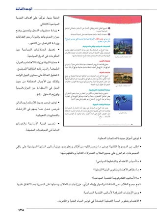 الوحدة الثالثة 
داف التنمية BBأه� ؤكدًا على �أ منها، م � الخط 
سياحية كالتالي:  ال 
ضع 8 سين و  ستويات الدخل وتح  • زيادة م 
شر الثقافات € ميزان المدفوعات بالدولة ون 
135 
شعوب. € صل بين ال 7 وزيادة التوا 
سية بين 5 سيا  ات ال BB لاق B عBB • تعميق ال 
سياحية.  الحكومات في الدول ال 
• حماية البيئة وزيادة الاهتمام بالموارد 
الطبيعية والموروثات الثقافية للمجتمع. 
ستوى الجيل الواحد  • تحقيق العدالةعلى م 
وكذلك بين الأجيال المختلفة من حيث 
ستفادة من المواردالبيئية 5 ق في الا BB الح 
إلخ. �... وتوزيع الدخول 
ستثماروبالتالى 5 ص جديدة للا 7 • توفير فر 
اء BB قBB سهم في الارت  ا ي BB ل مم BB مBB ص ع BB7 رBB ف 
شية. € ستويات المعي  بالم 
سية والخدمات 5 سا 5 سين البنية الأ • تح 
ضيفة. ‚ العامة فى المجتمعات الم 
mw}gTmd ëzdTÐ Óm^›™eX z@Ì 
z oT}^TÐ Óm^›™eX z@Ì 
ط تشجيع القطاع الخاص وقطاع الأعمال على الاستثمار خاصة في المناطق 
السياحية الجديدة. 
ك استحداث أنماط سياحية جديدة تعتمد على التنمية المستدامة. 
ÈÖmg–TÐ Ñ{›= ™TÐ Òzwz›TÐ og@mg–TÐ àmdhúÐ ðĿîĤĿí őĐœĐī æ|^= ‰v 
.mf[^ æ|^™h ém^= 
المنتجعات السياحية والقرى السياحية: 
وهذا النوع من السياحة يركز على سياحة الإجازات والعطل، وتتميز 
المنتجعات بتوفر الأنشطة السياحية المختلفة والخدمات المتعددة لأغراض 
الترفيه والاستراحة والاستجمام، وتتعدد أنواع المنتجعات فمنها: 
منتجعات المدن: 
يحتاج إقامة هذا النوع من المنتجعات وجود نشاط سياحي مميز أو رئيس في 
المواقع مثل: التزلج على الجليد، أنشطة سياحية علاجية، مواقع أثرية أو دينية. 
منتجعات العزلة: 
أصبح هذا النوع من المنتجعات من المناطق السياحية المفضلة في جميع 
أنحاء العالم، وعادة يتم اختيار مواقعها في مناطق بعيدة عن المناطق المأهولة 
مثل: الجزر الصغيرة أو الجبال، والوصول إليها يتم بواسطة القوارب، الطائرات 
الصغيرة أو الطرق البرية الضيقة. 
سياحة المغامرات (السفاري): 
تستهوي سياحة المغامرات الكثير من المغامرين حيث يسعون للسفر إلى 
بعض المناطق كالصحاري والجبال، والغابات ومناطق الثلج حبًا في المغامرة، 
وبحثًا عن هذا النوع من الاستمتاع رغم خطورته في بعض الأحيان. 
سياحة الرياضات البحرية: 
يعتمد هذا النوع من السياحة على وجود الماء (البحار أو البحيرات)، 
وتتفاوت المدة التي يقضيها السائح في ممارسة الرياضات البحرية المختلفة 
مثل: الغوص، التزلج على الماء، العوم، سباق اليخوت أو القوارب وصيد 
الأسماك...... إلخ. 
قيم أتعلمها 
Òí}? gR è{d= Ún?Ë dL „RnA 
.phRnb?í phžxÚní pxØn[šSÐ 
Þ_TÐ o“mwÚ 
(um‚ ũsgm7bƁ umjs ūůsj) umjk8Ŧ umŦ‚e à ƃ“s9Ŧ •s9Ŧ Œ`Ŧ 94 
سواق جديدة للمنتجات المحلية. 5أ� • توفير 
سياحية على باقي  ساليب التنمية ال 5أ� أفكار ومعلومات حول � إليه من � صلوا 7 ض ما تو 8 • اطلب من المجموعة الثانية عر 
شهم فيها: €ؤلات التالية وناق � سا  المجموعات، ثم اطرح على جميع الطلاب الت 
سياحي؟  سباب الاهتمام بالتخطيط ال 5أ� • ما 
• ما مظاهر الاهتمام بتطوير البنية التحتية؟ 
سياحية؟  ساليب التكنولوجية للتنمية ال 5 • ما الأ 
سبورة بعد الاتفاق عليها  سجلها على ال 5إجابات الطلاب و � أي ، عزز �إبداء الر � شة والحوار و € شجع جميع الطلاب على المناق 6 
سياحية:  ساليب التنمية ال 5 • ومن الإجابات المتوقعة لأ 
• الاهتمام بتطوير البنية االتحتية المتمثلة في توفير المياه النقية و الكهرباء 
 