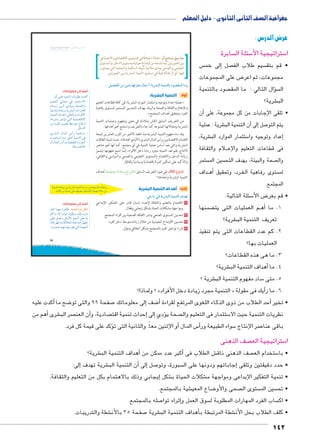 عرض الدرس : 
سابرة  سئلة ال 5 ستراتيجية الأ5 ا 
س إلى خم � صل  سيم طلاب الف  • قم بتق 
ض على المجموعات 8 مجموعات، ثم اعر 
صود بالتنمية  سؤال التالي : ما المق �  ال 
شرية؟ € الب 
أن � • تلقى الإجابات من كل مجموعة، على 
شرية : عملية €أن التنمية الب � إلى� صل 7 يتم التو 
شرية، € ستثمار الموارد الب 5 عداد وتوجيه وا �إ 
ام والثقافة B لB فى قطاعات التعليم والإع 
ستمر  سين الم  صحة والبيئة، بهدف التح  وال 
داف BB ه� رد، وتحقيق أBB فBB ستوى رفاهية ال  لم 
المجتمع. 
سئلة التالية: 5 ض الأ8 • قم بعر 
ضمنها ‚ م العمليات التى يت BBأه� 1. ما 
شرية؟ € تعريف التنمية الب 
2. كم عدد القطاعات التى يتم تنفيذ 
العمليات بها؟ 
3. ما هى هذه القطاعات؟ 
شرية؟ €أهداف التنمية الب � 4. ما 
شرية ؟ € ساد مفهوم التنمية الب 5 5. متى 
ولماذا؟ ؟ » التنمية مجرد زيادة دخل الأفراد « أيك فى مقولة � 6. ما ر 
u:‚_7Ŧ umjk8Ŧ ums à ŽƁ}Ŧ ŲŰ€Ŧ 
phde_UÐ ‰nhA R px}Z˜UÐ phefšUÐ pHÐÚØ ŒY ÒØnašHøÐ ‰fcex 
.‰ýĆYÛí ‰—ai dL ngbh˜]í ngRÐ{wú ‰egR éĆB ŒY 
أكدت عليه � ضح ما 8 صفحة 99 والتى تو 7 لى معلوماتك � ضف إ8أ� حد الطلاب من ذوى الذكاء اللغوى المرتفع لقراءة � • تخير أ 
أهم من � شرى € صر الب أن العن � صادية، و  حداث تنمية اقت �إلى إ� ؤدي � صحة ي  ستثمار فى التعليم وال 5 نظريات التنمية حيث الا 
ؤكد على قيمة كل فرد. � و الإثنين معاً. والثانية التى ت � س المال أ5أ� سواء الطبيعة ور 5 صر الإنتاج 7 باقى عنا 
صف الذهنى  ستراتيجية الع 5 ا 
شرية؟ €أهداف التنمية الب � أكبر عدد ممكن من � ش الطلاب فى € صف الذهنى ناق  ستخدام الع 5 • با 
إلى: � شرية تهدف €أن التنمية الب � لى� صل إ7 سبورة، وتو إجاباتهم ودونها على ال � • حدد دقيقتين وتلقى 
إيجابي وذلك بالاهتمام بكل من التعليم والثقافة. � شكل € شكلات الحياة ب € • تنمية التفكير الإبداعى ومواجهة م 
شية بالمجتمع. € ضاع المعي 8 صحى والأو  ستوى ال  سين الم  • تح 
صله بالمجتمع. 7إثراء توا � سوق العمل و  ساب الفرد المهارات المطلوبة ل  • اك 
شطة والتدريبات. € صفحة 35 بالأن 7 شرية €أهداف التنمية الب � شطة المرتبطة ب € • كلف الطلاب بحل الأن 
142 
99 
هناك اختلافًا في المستوى الاقتصادي والاجتماعي » : مما سبق نستنتج أن 
بين الصورتين، بما تشمله من أوضاع معيشية ومستوى الدخل، والمستوى 
التعليمي والصحي ومدى ملائمة البيئة السكنية والمحلية التي يعيشون 
فيها، أي أن هناك فرقًا في مستوى التنمية البشرية بين الصورتين. 
...‰gZ`™TÐ ‹X ÿY mfQ|^™h ém^= È ow|Y—TÐ ogde™Tm ØZadTÐ mXí 
أولاً: التنمية البشرية: 
عملية إعداد وتوجيه واستثمار الموارد البشرية، في كافة قطاعات التعليم » 
والإعلام والثقافة والصحة والبيئة، بهدف التحسين المستمر لمستوى رفاهية 
.« الفرد، وتحقيق أهداف المجتمع 
من التعريف السابق ناقش زملاءك في معنى ومفهوم وعمليات التنمية 
البشرية ومجالاتها المتنوعة كما جاء بالتعريف واستنتج أهم أهدافها . 
وقد ساد مفهوم التنمية البشرية منذ العقد الأخير من القرن العشرين نتيجة 
لاهتمام الاقتصاديين برأس المال البشري (الأيدي العاملة)، حيث تنمية الطاقات 
البشرية والتي تعد أساس عملية التنمية في أي مجتمع، كما أنها أهم عناصر 
الانتاج، فلم تعد التنمية مجرد زيادة دخل الأفراد، إنما اتسع مفهومها ليشمل 
زيادة الدخل والاهتمام بالمستوى التعليمي والصحي والسياسي والثقافي، 
والتأكيد على تمكين المرأة إقتصاديًا وسياسيًا وثقافيًا. 
في ضوء التعريف السابق ناقش مع زملاءك ومعلمك أهداف ðĿîĤĿí őĐœĐī 
التنمية البشرية وأبعادها؟ 
ثانيًا: أهداف التنمية البشرية 
:cw mX TÎ ow|Y—TÐ ogde™TÐ æzf= 
١ الاهتمام بالتعليم والثقافة لإعداد إنسان قادر على التفكير الإبداعي 
ومواجهة مشكلات الحياة بشكل إيجابي وفعّال. 
٢ تحسين المستوى الصحي ونشر الثقافة الصحية بين أفراد المجتمع. 
٣ تحسين الأوضاع المعيشية من خلال زيادة متوسط دخل الفرد. 
٤ إثراء تواصل الفرد بالمجتمع بشكل أخلاقي ومؤثر. 
أضف إلى معلوماتك: 
:ëÌ dL phefšUÐ Ónx}^i Ó{TÌx 
‹hd_šUÐ UnœY R Úne›šHøÐ 
ÒØnååxÛ ååUÎ ïØkååx p[UÐí 
ph@nšiÎ ÒØnxÛí px}Z˜UÐ ÓÐÚ{bUÐ 
phefšUÐ ÔÐ{AÎ UnšUn=í ºØÐ}RúÐ 
nwÚí{= îØk šUÐ pxØn[šSøÐ 
ŒY Ø}aUÐ oh[i ƒHŽšY ânaÚÐ 
.ŠB{UÐ 
ï}Z˜UÐ éneUÐ ÜÌÚ pewn—Y x 
= ‹wn— neY dLÌ phefšUÐ R 
íÌ éneUÐ ÜÌÚí ph_h˜]UÐ ØÚÐŽeUÐ 
.n_ðY newĆT 
أضف إلى معلوماتك: 
ënT negY Ø}aUnR :Œ™dgR Ø|Q ‰bT 
ênS nY ÐÙÎ Ð}?kY ëŽchH ilR ìÚíØ 
dL ŠeLí Š›YúÐ ŽfUÐ dL = 
{ýnS ŽgR º= pSĆžUÐ nLÐ{=Î ÚngKÎ 
.Ó}`É negY ng= êŽbx šUÐ pegeUÐ 
جغرافية الصف الثانى الثانوى - دليل المعلم 
 