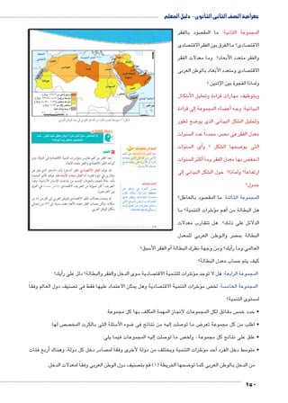 جغرافية الصف الثانى الثانوى - دليل المعلم 
صود بالفقر  المجموعة الثانية: ما المق 
صادى  صادى؟ ما الفرق بين الفقر الاقت  الاقت 
والفقر متعدد الأبعاد؟ وما معدلات الفقر 
صادى ومتعدد الأبعاد بالوطن العربى  الاقت 
ولماذا الفجوة بين الإثنين ؟ 
شكال 6 وبتوظيف مهارات قراءة وتحليل الأ 
إلى قراءة � ضاء المجموعة ‚أع� البيانية: وجه 
ضح تطور 8 شكل البيانى الذى يو € وتحليل ال 
سنوات  صر، محدداً عدد ال  معدل الفقر فى م 
سنوات أى ال � شكل ؟ و € ضحها ال 8 التى يو 
سنوات أكثر ال � ض بها معدل الفقر وما ‚ انخف 
إلى � شكل البيانى € ارتفاعاً؟ ولماذا؟ حول ال 
جدول؟ 
صود بالعاطل؟  المجموعة الثالثة: ما المق 
شرات التنمية؟ ما 6ؤ�أهم م � هل البطالة من 
ك؟ هل تتقارب معدلات BB الدلائل على ذل 
ن العربى للمعدل BB وط BB صر وال  البطالة بم 
أضف إلى قاموسك 
{UÐ Žw :Poverty line |a`TÐ ‚A 
@nšx ï|UÐ ŠB{UÐ ŒY iØúÐ 
ân˜IÎ fcex šA Ò}HúÐ íÌ Ø}aUÐ 
.phHnHúÐ n@nA 
سبق؟ 5أم الفقر الأ� أيك؟ ومن وجهة نظرك البطالة � العالمى وما ر 
ساب معدل البطالة؟  كيف يتم ح 
.|^TÐ ‹ITÐ éíØ Q XaTÐ ‰AzTÐ ‹X Ø|`TÐ ngZh ‚G™X (¼) ‰bH 
lZ ...6€_Z w€gR `gK 5Ȗx1 ɹ rR 16[f h.1 H[/p 3 
أيك؟ � سوى الدخل والفقر والبطالة؟ دلل على ر 5 صادية  شرات للتنمية الاقت 6ؤ� المجموعة الرابعة: هل لا توجد م 
صنيف دول العالم وفقاً  صادية وهل يمكن الاعتماد عليها فقط فى ت  شرات التنمية الاقت 6ؤ� ص م  سة: لخ  المجموعة الخام 
ستوى التنمية؟  لم 
س دقائق لكل المجموعات لإنجاز المهمة المكلف بها كل مجموعة.  • حدد خم 
ص لها.  ص سئلة التى بالكرت المخ 5 ضوء الأ8إليه من نتائج فى � صلت 7 ض ما تو 8 • اطلب من كل مجموعة تعر 
إليه المجموعات فيما يلى: � صلت 7 ص ما تو  • علق على نتائج كل مجموعة ، ولخ 
أربع فئات � صادر دخل كل دولة، وهناك  شرات التنمية ويختلف من دولة لأخرى وفقاً لم 6�أحد مؤ� سط دخل الفرد 5 • متو 
صنيف دول الوطن العربى وفقاً لمعدلات الدخل.  ضحها الخريطة ) 1( قم بت 8 من الدخل بالوطن العربى كما تو 
150 
(um‚ ũsgm7bƁ umjs ūůsj) umjk8Ŧ umŦ‚e à ƃ“s9Ŧ •s9Ŧ Œ`Ŧ 106 
ʚwRyp	 kx 6_[f 1yC_lf 
ĎŔ†ļĴøŀĿ óŎ†īĉ 
٢ الفقر: 
يعد الفقر من أهم مقاييس ومؤشرات التنمية الاقتصادية في الدولة، ومن 
أنواعه الفقر الاقتصادي والفقر متعدد الأبعاد. 
الدخل الذي يقل عن » (فقر الدخل) بأنه ïØmZ™RøÐ |a`TÐ قد عرف 
فقد عرفته الأمم المتحدة Øm^úÐ Øz^™X |a`TÐ أما « دولارين في اليوم للفرد 
بأنه: حالة تتصف بالحرمان الشديد من حاجات الإنسان الأساسية، وهذا 
التعريف أكثر شمولية من التعريف الاقتصادي. (ناقش معلمك في الفرق 
بين التعريفين). 
قد وصلت معدلات الفقر الاقتصادي بالوطن العربي إلى أقل من ٤٪ من 
سكانه، ولكن بحساب الفقر متعدد الأبعاد بلغت نسبته إلى ٢٦ ٪ من إجمالي 
سكان الوطن العربي. 
ابحث وتعرف: 
}hQ ˆJnfY R ÊÐ}baUÐ €h_x 
ëŽc Øncí ºnðhiÐ}eL p]]žY 
nghdL ˆd]xí ÓnY{žUÐ pYí{_Y 
UnšUÐ …SŽeUn= Œ_šHÐ ºÓnhýÐŽZ_UÐ 
ÓnhýÐŽZ_UÐ ŒL ÓnYŽd_Y …e@Ðí 
.www.idsc.gov.eg ngneHí 
 