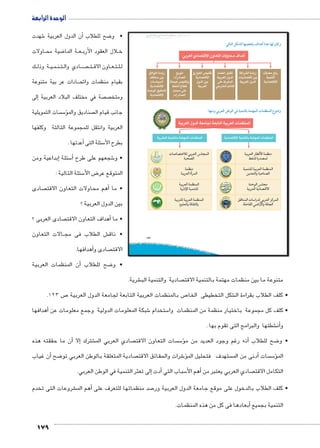 Ɓ • umjk8Ŧ 7g8 à ŠŦ‚Ŧ ŲŰ€Ŧ 
أضف إلى معلوماتك: 
ŒJŽUÐ R phefšUÐ Ónx{ ÓØÌ 
Úne›šHøÐ ‡_” :UÎ =}_UÐ 
LÐÚ~UÐ ÕnšiüÐ ~œLí ºÚnBØøÐí 
ºphýÐ|`UÐ ÒŽœaUÐ {ååH dL 
ŠYncšUÐí ŠLnašUÐ pxØí{Yí 
ºph=}_UÐ Ún]SúÐ Œh= ïØn[šSøÐ 
éÐŽYúÐí éŽb_UÐ Ò}œw ÚÐ}ešHÐí 
.ÕÚnžUÐ UÎ ph=}_UÐ 
شرية. € مرتبة عالية فى التنمية الب 
• اطلب من المجموعة الثانية التى تناولت 
سئلة التالية : 5 سئلة على الفقرة ومن المتوقع الأ5 صياغة الأ7 الإمكانات التنموية العربية 
أهمية موقع الوطن العربى ؟ � 1. ما 
ستراتيجية التى يتحكم بها الوطن العربى ؟ 5 2. ما المواقع الا 
أهم الثروات التى يمتلكها الوطن العربى ؟ � 3. ما 
ساهم الموارد التى يمتلكها فى تحقيق التنمية ؟  4. كبف ت 
ص 7 ستخلا 5 صة بموقع الوطن العربى وا 7 سال الأول والثانى ووجه الطلاب لقراءة الخريطة الخا �ؤ ش مع الطلاب ال € • ناق 
صة بالموقع . 7أهم النقاط الخا � 
الوحدة الرابعة 
131 
لقد ساعدت كل هذه التحديات على مزيد من التبعية للخارج، ومزيد من 
التفاوت في الدخول والثروة بين سكان الوطن العربي، وارتفاع في أسعار المواد 
الأساسية والخدمات، وارتفاع معدلات التضخم ومعدلات البطالة، وتراجع في 
الأداء الاقتصادي العام. 
مكانيات التنموية العربية U ثانيًا: ا 
يتمتع الوطن العربي بالعديد من الإمكانيات التي تؤهله ليحتل مرتبة عالية 
في التنمية البشرية ومنها: 
١ الامكانات الطبيعية والاقتصادية: 
أ الموقع الجغرافي المتميز: 
.|^TÐ ‹ITÐ „RX æ|^=í ow|TÐ ƒ@ø 
.ow|œ—TÐ ‡wm[dTÐ ŠvÌí |^TÐ ‹ITÐ Q QÐ|_›TÐ „RdTÐ (¼») ‰bH 
نستنتج من الخريطة أن الوطن العربي يربط بين قارة آسيا وإفريقيا وأوربا، ويطل على 
ثلاث بحار مهمة في التجارة وهي البحر المتوسط والبحر الأحمر والخليج العربي، 
ويتحكم في ثلاثة مضايق لها أهميتها الاستراتيجية في السلم والحرب (تعرف عليها من 
خلال الخريطة)، بالإضافة إلى قناة السويس التي تعد من أهم القنوات الملاحية العالمية 
والتي توفر الكثير من الوقت والجهد والمال. 
 