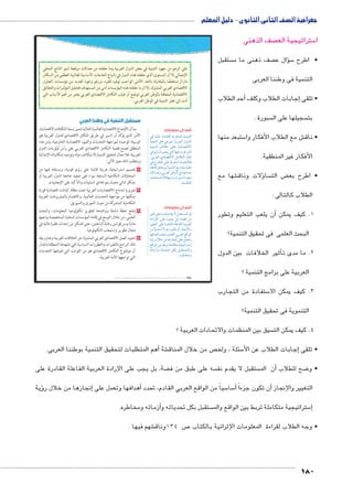 جغرافية الصف الثانى الثانوى - دليل المعلم 
شة على الوطن € لال المناق B د من خ BBأك� • 
إفريقيا � سيا و 5آ� العربى يربط بين قارة 
ا، ويطل على ثلاث بحار مهمة BBBأورب � و 
سط والبحر 5 فى التجارة وهى البحر المتو 
الأحمر والخليج العربى، ويتحكم فى 
ستراتيجية 5أهميتها الا � ضايق لها ‚ ثلاثة م 
إلى قناة � ضافة 8 سلم والحرب، بالإ فى ال 
م القنوات BB ه� ن أBB س التى تعد م  سوي  ال 
الملاحية العالمية. 
أهمية الوطن العربى � • وجه الطلاب الى 
د للعالم BB ري BB ي ومتحف ف BB نBB كمركز دي 
ارة BB ضBB‚BB ة الح BB راق BB ي ع BB لBB دل ع BBB ي ت BB تBB وال 
سلامية كالأماكن الدينية 5 العربية و الإ 
ستقطب الكثير  والتاريخية، مما يجعله ي 
سة 5 من المهتمين لزيارة الأماكن المقد 
سة الآثار، وهذا 5 سياحية ودرا  والمعالم ال 
ار الحركة التجارية BB ساعد علي ازده  ي 
صناعات التقليدية.  سويق ال  وت 
ب الثروات الاقتصادية: 
يتسم الوطن العربي بتنوع موارده الطبيعية (النباتية والمعدنية 
والزراعية)، مما أكسبه أهمية اقتصادية على المستوﯨين المحلي والعالمي 
ويتضح ذلك فيما يلي: 
مكانة الوطن العربي في مجال إنتاج وتصدير بعض المنتجات الزراعية 
اللازمة للصناعة كالقطن، والصمغ العربي، والزيتون وزيته، والتمور 
والفواكه، كما يملك ثروة حيوانية يمكن أن تسهم إذا ما أحسن تنميتها 
واستغلال منتجاتها بطرق علمية في سد الاحتياجات العربية وتصدير ما 
يفيض منها للخارج. 
إنتاجه كميات من الفوسفات وبعض المعادن والأملاح، كالحديد والمنجنيز 
والرصاص والزنك والبوتاس وغيرها، وتصديره كميات كبيرة منها للدول 
الصناعية. 
تمتعه بأهمية اقتصادية خاصة في مجال إنتاج وتصدير النفط الخام والغاز 
الطبيعي، كما يحتوي الوطن العربي علي كميات كبيرة من الفحم الحجري. 
امتلاكه إمكانات هائلة في مجال الاستفادة مستقبلًا من الطاقة الشمسية 
وطاقة الرياح. 
أهميته الكبيرة في مجال الصناعات التقليدية التي تعمل علي تشجيع السياحة، 
كصناعات التحف والأواني المعدنية والنحاسية والفضية وغيرها فضلًا عن 
قيام الصناعات المعدنية المختلفة. 
٢ الامكانات البشرية 
يمتلك الوطن العربي قوى بشرية كبيرة إذا أحسن تدريبها وتأهيلها يمكن 
أن تؤهله ليحتل مكانة متقدمة في العالم خاصة وأن أكثر من ثلث هذه القوى 
من الشباب التي تُبنى بسواعدهم الأمم. 
ثالثًا: الجهود العربية لتحقيق التنمية: 
إن التطورات الاقتصادية الدولية منذ نهاية الحرب العالمية الثانية تفرض 
تكثيف الجهود من أجل التعاون بين الدول العربية وتكوين تكتلات 
اقتصادية دولية وإقليمية. وقد شهدت الدول العربية خلال العقود الأربعة 
الماضية محاولات للتعاون الاقتصادي والتنمية وذلك بقيام منظمات واتحادات 
عربية متنوعة ومتخصصة في مختلف البلاد العربية إلى جانب قيام الصناديق 
والمؤسسات التمويلية العربية وكان لها عدة أهداف يلخصها الشكل التالي: 
.êmTÐ ‚`eTÐ Õm™hÎ 
إقرأ وناقش: 
ØÚÐŽY ŒY ngx{U ne= ph=}_UÐ éí{UÐ ëÎ 
‹g_eœ Œx|UÐ ngincHí ºph_h˜J 
pRnb›UÐí ÒÚnUÐí zxÚnšUÐ Ò{Aí 
ÓnxŽš—Y ˆhb ngfcex }h[eUÐí 
}YúÐ ŒcUí ºphefšUÐ ŒY pY{bšY 
pex~_UÐí ØŽgœUÐ }Rn od]šx 
ºpdýngUÐ ÓÐí}›UÐ ‰d éĆ`šHÐ dL 
fJŽUÐ UÐ ØŽ@í od]šx neT 
Œh= pb›UÐ ÒØnhHí YŽbUÐ =}_UÐ 
ÓnLÐ}[UÐí ÓnRĆžUÐ |˜ií Ñ}_UÐ 
{AÐŽUÐ =}_UÐ ënhcUn= ënexüÐí 
pxØn[šSøÐ Ò{AŽUÐ æ{w ˆhbšU 
Šw ‰ed_Y …Y €Sni .î}˜cUÐ 
ÒŽS ëŽcx ëÌ =}_UÐ nffJŽU Œcex 
.năheUnL Ò}?kY pxØn[šSÐ 
سي للوطن العربي.  ضاري ‚ ش الطلاب فى العلاقة بين التنوع الجيولوجي والمناخي والت € • ناق 
ستقبل الوطن العربى فى  ش مع الطلاب م € سية وطاقة الرياح وناق  شم € كد على ما يمتلكه وطننا العربى من الطاقة ال � • أ 
مجال الطاقة المتجددة . 
ضارة والثقافة ‚ سكانها الذين تجمعهم وحدة التاريخ والح 5أن الدول العربية بما لديها من موارد طبيعية و � أكد على � • 
ستغلال تلك 5 ضافر الجهود والعزيمة على ا ‚ ستويات متقدمة من التنمية لكن الأمر يتطلب ت  صير يمكنها تحقيق م  والم 
الثروات الهائلة. 
أكثر من ثلث هذه القوة من � شرية €أن الوطن العربى يمتلك ثروة ب � شرى وكبف € صر الب أهمية العن � ش مع الطلاب € • ناق 
سن تعليمها وتدريبها . أح� إذا ما � إلى قوة كبيرة � شير € شباب وهو ما ي € ال 
س الوطنى العربى القومى ونبذ أن التنمية تتطلب وجود الح � ضية المواطنة والوحدة العربية حيث ‚ • يمكنك هنا تناول ق 
صادية الكبرى.  صراعات والإيمان بالكيان العربى لتحقيق هدف الوحدة الاقت  الخلافات وال 
178 
(um‚ ũsgm7bƁ umjs ūůsj) umjk8Ŧ umŦ‚e à ƃ“s9Ŧ •s9Ŧ Œ`Ŧ 132 
 