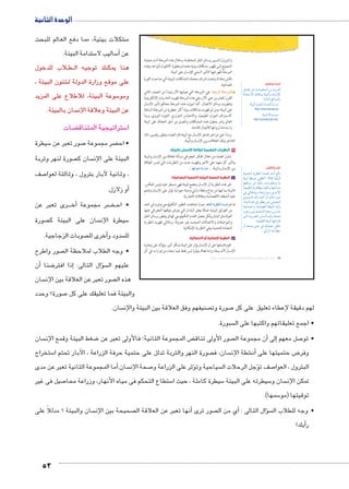 الوحدة الثانية 
شكلات بيئية، مما دفع العالم للبحث € م 
53 
ستدامة البيئة. 5 ساليب لا 5أ� عن 
لاب للدخول B طBB هنا يمكنك توجيه ال 
شئون البيئة ، € على موقع وزارة الدولة ل 
سوعة البيئة، للاطلاع على المزيد 5 ومو 
سان بالبيئة.  عن البيئة وعلاقة الإن 
ضات ‚ ستراتيجية المتناق 5 ا 
سيطرة 5 صور تعبر عن 7 ضر مجموعة ‚ • اح 
صورة لنهر وتربة  سان ك  البيئة على الإن 
صف 7 ، وثانية لآبار بترول ، وثالثة لعوا 
أو زلازل. � 
رى تعبر عن BBB خ� ضر مجموعة أB‚BB • اح 
صورة  سان على البيئة ك  سيطرة الإن 5 
صوبات الزجاجية. أخرى لل � سدود و  لل 
صور واطرح  • وجه الطلاب لملاحظة ال 
أن � ضنا 8 ذا افتر � سؤال التالى: إ�  عليهم ال 
سان  صور تعبر عن العلاقة بين الإن  هذه ال 
صورة؟ وحدد 7 والبيئة فما تعليقك على كل 
والبترول) لتسيير وسائل النقل المختلفـة، وخلال هذه المرحلة أدت عمليـة 
التـصنيع إلـى ظهور مشكلات بيئية متعددة وخطيرة كالتلوث بأنواعه، وهذه 
المرحلة ظهر فيها التأثير السلبي للإنسان على البيئة. 
ناقش زملاءك وتحت إشراف معلمك المشكلات البيئية التي صاحبت الثورة 
الصناعية. 
: هي المرحلة التي نعيشها الآن وتبدأ من النصف الثاني o^Ð|TÐ oc@|dTÐ 
للقرن العشرين حتى الآن، وفي هذه المرحلة ظهرت الحاسبات الإلكترونية 
وتطورت وسائل الاتصال، كما تميزت هذه المرحلة بتعاظم تأثير الإنسان 
على البيئة، ومن ثم ظهرت مشكلات بيئية أكثر خطورة من المرحلة السابقة 
كاستنزاف الموارد الطبيعية، والاحتباس الحراري، التلوث النووي، وبدأ 
العالم يبادر بحلول هذه المشكلات والعمـل من أجل الحفاظ على البيئة 
واستدامة ثرواتها للأجيال القادمة. 
وبناءً على مراحل تفاعل الإنسان مع البيئة قام العلماء بتنظير وتفسير ذلك 
التفاعل وتلك العلاقات بين الإنسان والبيئة. 
نسان بالبيئة: U ٢ النظريات المفسرة لعلاقة ا 
تناول العلماء من خلال الفكر الجغرافي مسألة العلاقة بين الإنسان والبيئة 
وتأثير كل منهما على الآخر وظهرت عديد من النظريات التي تفسر العلاقة 
 mfQ|^™h me mgv بين الإنسان والبيئة ... 
أ النظرية الحتمية البيئية (الحتمية الجغرافية): 
تقر هذه النظرية أن الإنسان يخضع للبيئة فهي تسيطر عليه وليس العكس. 
فالبيئة بما فيها من مناخ وغطاء نباتي وحياة حيوانية تؤثر على الإنسان وتحتم 
عليه أنشطته الاقتصادية وعلاقاته التجارية. 
حيث تجاهلت التطور التكنولوجي ودوره في الحد zaecT ow|]eTÐ p“|^= 
من العوائق البيئية؛ فمثلًا بعض البلدان التي يفرض موقعها الجغرافي عليها 
العزلة مثل اليابان ولكن بفضل التقدم التكنولوجي الهائل وتطور وسائل النقل 
والمواصلات والاتصالات أصبحت غير معزولة. وبالتالي ظهرت النظرية 
المضادة للحتمية وهي النظرية الإمكانية. 
مكانية أو الاحتمالية: U ب النظرية ا 
تقوم فلسفتها على أن الإنسان يؤثر على البيئة بشكل كبير، وتؤكد على إيجابية 
الإنسان لأنه يملك إرادة فعالة مؤثرة ليس فقط فيما يتخذه من قرارات في كل 
ابحث وتعلم: 
ŠLna ŒL ÓnYŽd_eUÐ ŒY {x~edU 
pin_šHøÐ ‰fcex pþh˜UÐí ën—iüÐ 
:phUnšUÐ …SÐŽeUn= 
:pþh˜UÐ ëŽþZU pUí{UÐ ÒÚÐÛí x 
http://www.eeaa.gov.eg 
:pþh˜UÐ pLŽHŽY x 
http://www.bee2ah.com/ 
فكر وناقش: 
phešUÐ px}^fUÐ ÊnedL {AÌ †Un= 
pþh˜U p]x}B f]LÌ :ĆðýnS phþh˜UÐ 
ng_SŽY ŒL phRÐí ÓnYŽd_Yí nY 
ph_h˜]UÐ nw}wn^Yí ngýnYí ngBnfYí 
R incYl=í ºnwØÚÐŽYí î}BúÐ 
îŽš—eUÐ ‰U Ø{AÌ ëÌ ‰UÙ ÊŽ” 
ºpþh˜UÐ ì|w R Œ]bx ŒeU Zh_eUÐ 
phLneš@Ðí pxØn[šSÐ p]ZiÌ pxÌí 
Ø}œY hU {x{šUÐ Ð|wí ºÜÚne 
šUÐ ÒÚí}UÐ ÜnHÌ neiÎí pR{É 
.ph_h˜]UÐ pþh˜UÐ ng”}a 
íÌ pÉ î{Y R ‰ed_Y €Sni 
.ïÌ}UÐ Ð|w j]B 
(um‚ ũsgm7bƁ umjs ūůsj) umjk8Ŧ umŦ‚e à ƃ“s9Ŧ •s9Ŧ Œ`Ŧ 22 
سان.  صنيفهم وفق العلاقة بين البيئة والإن  صورة وت 7 لهم دقيقة لإعطاء تعليق على كل 
سبورة.  • اجمع تعليقاتهم واكتبها على ال 
سان  ضغط البيئة وقمع الإن 8 ض المجموعة الثانية؛ فالأولى تعبر عن ‚ صور الأولى تناق أن مجموعة ال � إلى� صل معهم 7 • تو 
ستخراج 5 صورة النهر والتربة تدلل على حتمية حرفة الزراعة ، الآبار تحتم ا  سان، ف  شطة الإن €أن� ض حتميتها على 8 وفر 
أما المجموعة الثانية تعبر عن مدى �. سان  صحة الإن 7ؤثر على الزراعة و � سياحية وت ؤجل الرحلات ال � صف ت 7 البترول ، العوا 
صيل فى غير 7 ستطاع التحكم فى مياه الأنهار، وزراعة محا 5 سيطرة كاملة ، حيث ا 5 سيطرته على البيئة 5 سان و  تمكن الإن 
سمها(. 5 توقيتها )مو 
سان والبيئة ؟ مدللاً على  صحيحة بين الإن أنها تعبر عن العلاقة ال � صور ترى أي من ال � : سؤال التالى �  • وجه للطلاب ال 
أيك؟ � ر 
 