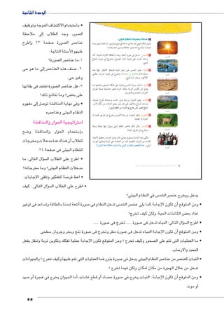الوحدة الثانية 
شاف الموجه وتوظيف € ستخدام الاكت 5 • با 
لى ملاحظة � صور، وجه الطلاب إ ال 
صفحة 23 واطرح 7 صورة  صر ال 7 عنا 
55 
سئلة التالية : 5 عليهم الأ 
صورة؟  صر ال 7 1.ما عنا 
إلى ما هو حى � صر7 صنف هذه العنا 7 2. 
وغير حى. 
صورة تعتمد فى بقائها  صر ال 7 3. هل عنا 
ض؟ وما نتائج ذلك؟ ‚ على بع 
لى مفهوم � صل إ7 شة تو € • وفى نهاية المناق 
صره. 7 النظام البيئى وعنا 
شة € ستراتيجية الحوار والمناق 5 ا 
ضح 8 شة و € ستخدام الحوار والمناق 5إ� ب 
أن هناك عدة مدخلات ومخرجات � للطلاب 
. صفحة 24 7 للنظام البيئى فى 
سؤال التالى: ما �  • اطرح على الطلاب ال 
مدخلات النظام البيئى؟ وما مخرجاته؟ 
صة للتفكير وتلقى الإجابات. 7 • اعط فر 
سؤال التالى : كيف �  • اطرح على الطلاب ال 
أ مدخلات ومخرجات النظام البيئي: 
وتمر بعدة « مدخلات » يشمل النظام البيئي عدة عناصر تدخله في صورة وتسمى 
:« مخرجات » عمليات، وتخرج منه بصور مختلفة وتسمى 
: تدخل فى صورة أشعة، وتمدنا بالطاقة اللازمة للحياة، كما ~dYTÐ ١ 
تساعد النبات على عملية البناء الضوئي، وتخرج في صورة إشعاع 
أرضي. 
: تعمل الشمس على تبخر المياه فتسقط الأمطار، ولها عدة ìmgdTÐ ٢ 
استخدامات (ناقشها مع معلمك)، وتخرج فى صورة جريان سطحي 
كالأنهار، وبخار الماء ونتح. 
: تساعد حرارة الشمس والمياه على تفكك الصخور وتفتيتها مما o|™TÐ ٣ 
يؤدي إلى تكوين التربة، وتفقد التربة بعض عناصرها نتيجة لعوامل 
التعرية والتصحر والتجريف. 
: يقوم الإنسان بزراعة بذور النبات واستنباط أنواع جديدة، Óm—eTÐ ٤ 
وتساعد الرياح والأنهار على نقل بذور بعض النباتات من مكان لآخر. 
(þg—TÐ êm]eTÐ ‹X Óm—eTÐ mf Õ|w Ž™TÐ ÚZTÐ „R=) 
: ينتقل الحيوان من بيئة لأخرى ويخرج عن طريق الصيد أو ëÐgœTÐ ٥ 
الموت أو الهجرة. 
: يتأثر بكل عناصر النظام البيئي ويؤثر فيها إيجابًا وسلبًا ëm–hüÐ ٦ 
ويخرج عن طريق الموت. 
ولكى يحيا الإنسان بمستوى صحي عال، ودون المساس بحقوق الأجيال 
القادمة من الموارد الطبيعية لابد من الحفاظ على البيئة وتحقيق التوازن 
ÈëÛÐ™TÐ Ð{v é°™AÐ Ñm—GÌ mXí þg—TÐ ëÛÐ™Tm ØZadTÐ mdQ البيئي... 
~dYTÐ 
ìmgdTÐ 
o|™TÐ 
Óm—eTÐ 
ëÐgœTÐ 
ëm–hüÐ 
(um‚ ũsgm7bƁ umjs ūůsj) umjk8Ŧ umŦ‚e à ƃ“s9Ŧ •s9Ŧ Œ`Ŧ 24 
س فى النظام البيئى؟  شم € صر ال  يدخل ويخرج عن 
ساعد فى توفير  شعة تمدنا بالطاقة وت 6أ� صورة 7 س تدخل النظام فى  شم € صر ال  ن تكون اإلجابة كما يلى عن � • ومن المتوقع أ 
ض الكائنات الحية، ولكن كيف تخرج؟ ‚ غذاء بع 
صورة ..... 7 صورة ..... تخرج فى 7 سؤال التالى: المياه تدخل فى �  • اطرح ال 
سطحى 5 صورة نتح وبخر وجريان 7 صورة مطر وتخرج فى 7أن تكون الإجابة المياه تدخل فى � • ومن المتوقع 
صخور وكيف تخرج ؟ ومن المتوقع تكون الإجابة عملية تفكك وتكوين تربة وتنقل بفعل  • ما العمليات التى تتم على ال 
ساب. 5 النحت والار 
صورة بذور فما العمليات التى تتم عليها وكيف تخرج ؟ والحيوانات 7 صر النظام البيئى يدخل فى 7 صر من عنا  • النبات كعن 
تدخل من خلال الهجرة من مكان لمكان ولكن فيما تخرج ؟ 
صيد 7أو � ما الحيوان يخرج فى هجرة �أو قطع غابات، أ� صاد  صورة ح 7 ن تكون الإجابة : النبات يخرج فى � • ومن المتوقع أ 
أو موت. � 
 