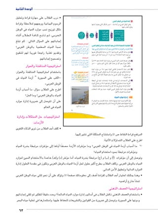 الوحدة الثانية 
• درب الطلاب على مهارة قراءة وتحليل 
سوم البيانية ووجههم لملاحظة وقراءة 5 الر 
سب موارد المياه فى الوطن  شكل توزيع ن 6 
أثناء � لاب B طBB ة ال BB اف BB ع ك BB اب BB م ت BB ى، ث BB رب BB عBB ال 
سؤال التالى: كم تبلغ � إجاباتهم على ال � 
سطحية بالوطن العربى؟  سبة المياه ال  ن 
وتقديم تغذية راجعة فورية لهم لتنقيح 
63 
إجاباتهم. � صحيح  وت 
شة والحوار € ستراتيجية المناق 5 ا 
شة والحوار: € ستراتيجية المناق 5 ستخدام ا 5 با 
زمة المياه فى � سبورة “ أ -اكتب على ال 
» الوطن العربى 
أزمة � سباب 5أ� سؤال: ما � 5 اطرح على الطلاب 
المياه بالوطن العربى؟ وما الحل؟ 
إدارة موارد � ضرورة 8إلى � صل 7أن تتو � على 
المياه فى العالم. 
إدارة � شكلات و € ستراتيجيات حل الم 5 ا 
الأزمات: 
أحد الطلاب من ذوى الذكاء اللغوى � • كلف 
١ أزمة المياه في الوطن العربي 
يعانى الوطن العربي من أزمة مياه ... ادرس الشكل التالي وتعرف أسبابها 
وطرق التغلب عليها: 
ëmb–TÐ ØzK ÒØmwÛ x 
ÓmXÐz™GÐ Øz^= x ìmgdTÐ 
ìmgdTÐ ogdS Óm— x 
êÐz™GøÐ ÊG x 
ìmgdTÐ €ah x 
ncTÐ ÒØmwÛ x 
ìmgdTÐ ÒÚzh x 
ìmgdTÐ Ôc= x 
NÎ îØÌ 
NÎ îØÌ 
slŰŦŮŤ tms
ŢƁ um˜sjŦ ŮŰŦ“jŦ à •s9Ŧ ŲŰ€Ŧ 
ˆTÙ nc™w 
ìomXgdÛTÌÐ 
o cÒXÚmÐbØü™dÐTÐ ØìÚmgÐddTÐT 
٢ المؤشرات التنموية الدالة على وجود أزمة مياه عذبة في الوطن العربي: 
:mfeX |^TÐ ‹ITm ìmgX oXÛÌ Ø?í ŽcK oTÐzTÐ ÓÐ|HjdTÐ ‹X zwz^TÐ èmev 
أ تمثل مساحة الأراضى العربية نحو ٩,٦ ٪ من مساحة العالم ولكن نصيبها 
من موارد المياه المتجددة لا يزيد عن ٠,٥ ٪ من موارد المياه على مستوى 
العالم. 
ب يقدر متوسط نصيب الفرد العربي من موارد المياه العذبة بنحو ٧٢٧ مترًا 
مكعبًا سنويًّا، وهو أقل من معدل الفقر المائي الذي يساوي ١٠٠٠ متر 
مكعب للفرد. 
جـ تقدر نسبة الاستخدام العالمي للمياه بنحو ٧,٥ ٪ من موارد المياه 
٪ المتاحة بالعالم، في حين تصل هذه النسبة بالوطن العربي إلى ٧٦,٨ 
من إجمالي مياه الوطن العربي مما يمثل ضغوطًا عالية على المتاح من 
هذه الموارد. 
د تأتي الاستخدامات الزراعية في مقدمة استخدامات المياه في المنطقة 
العربية، حيث تستخدم في الأنشطة الزراعية نحو ٨٨٫٧ ٪ من إجمالي الموارد 
المائية المتاحة، ثم يأتي بعد ذلك كل من الاستخدامات الصناعية والمنزلية. 
هـ تعرض موارد المياه بالوطن العربي للتلوث، حيث يتم القاء المخلفات 
الصلبة ومياه الصرف بالأنهار. 
ثالثًا: إدارة موارد المياه 
نظرًا لأهمية موارد المياه بنوعيها (مالحة ـ عذبة) للإنسان، وما تتعرض له 
من أزمة حقيقية دفعت العالم لاتباع عدة أساليب لإدارتها وتحقيق الأمن المائي 
لأجيال الحاضر والمستقبل. 
أضف إلى معلوماتك: 
pxÚnœUÐ p=|_UÐ ìnheUÐ ŒY %Á» p˜—i 
ÕÚnB jZf =}_UÐ ŒJŽUÐ R 
p—hý}UÐ ÚngiúÐ …=nfY ëÌ ïÌ ºh”ÐÚÌ 
.=}_UÐ ŒJŽUÐ Øí{A ÕÚnB …b 
فكر وصنف: 
ŒJŽUn= ìnheUÐ pYÛÌ ÓÐ}IkY ‡fÉ 
ÒÚ{f= pÉnB ÓÐ}IkY UÎ =}_UÐ 
ÊŽ—= pÉnB ÓÐ}IkYí ìnheUÐ 
.êÐ{žšHøÐ 
أضف إلى قاموسك 
pRnT ân˜IÎ f_x :ýmdTÐ ‹XúÐ 
naðhTí neðT phýneUÐ Ón@nhšAøÐ 
pxnacUÐ ì|w ÚÐ}ešHÐ ëne” …Y 
.pYØnbUÐ énh@±U 
.ÚmfhúÐ ìmgX Ôc= 
إليها. � شير € شكلة التى ت € ستنتاج الم 5 ص 21 وا 7 المرتفع قراءة النقاط 
ؤلات الآتية: � سا  اطرح على الطلاب الت 
31 
شرات مرتبطة بندرة المياه 6ؤ�إلى م � أياها � صنفًا  شرات الأزمة م 6ؤ�أزمة المياه فى الوطن العربى؟ وما م � سباب 5أ� ! !ما 
ستخدام المياه؟ 5 سوء ا  شرات مرتبطة ب 6ؤ� وم 
سيئ لموارد  ستخدام ال 5 صة بالا 7 شر )د( و)هـ( خا 6�أما مؤ� ،أ( و )ب( و )ج( مرتبطة بندرة المياه �( شرات 6ؤ�أن م � إلى� صل 7 وتو 
إدارة � زمة المياه بالوطن العربى وتكون فى مقدمة الحلول � كبر حلول لحل أ� المياه بالوطن العربى. وكلف الطلاب بطرح أ 
الموارد المائية وتحقيق الأمن المائى. 
أن نحو ثلثى مياه الوطن العربى � ؤكد على � صفحة 31 وت 7إلى معلوماتك � ضف 8أ� أحد الطلاب لقراءة � • وهنا يمكنك اختيار 
ضيه. 8أرا � شأ خارج � € تن 
صف الذهنى  ستراتيجية الع 5 ا 
جاباتهم �إدارة موارد المياه المالحة؟ وحدد دقيقة لتفكير ثم تلقى إ� ساليب 5أ� ش الطلاب فى € صف الذهنى ناق  ستخدام الع 5 • با 
ستثمارها فى تحلية مياه البحر 5 شريعات للحفاظ عليها، وا € سن القوانين والت 5 ضرورة 8إلى � صل 7 سبورة، وتو  ودونها على ال 
 
