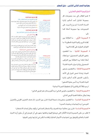 جغرافية الصف الثانى الثانوى - دليل المعلم 
ستراتيجية التعلم التعاونى: 5 ا 
ست مجموعات كل 5إلى � سم الطلاب  • ق 
إدارة � ساليب 5أ� دBBأح� مجموعة تتناول 
روت على BBB م وزع ك BB ة ث BB ذب BB عBB اه ال BB يBB الم 
سئلة كما 5أ� المجموعات بها مجموعة 
يلى: 
• المجموعة الأولى : ما العلاقة بين 
كفاءة الرى وكمية المياه المطلوبة؟ ما 
ؤثرة على كفاءة الرى؟ � العوامل الم 
صود  ا المق BB • المجموعة الثانية : م 
إعطاء � صولى؟ مع  بتغيير التركيب المح 
أمثلة لذلك؟ وما العلاقة بين التركيب � 
إدارة موارد المياه العذبة؟ � صولى و  المح 
سعير  صود بت  • المجموعة الثالثة : ما المق 
إلى الأخذ � سعى الدول  المياه؟ ولماذا ت 
إدارة � ساليب 5أ� أحد � سعير ك  سلوب الت 5أ� ب 
سعير؟  س عملية الت  س5أ� المياه العذبة؟ وما 
سبانيا؟ 5أ� أو تخطيطيًا لتجربة � شكلاً كاريكاتيريًا 6 سم 5 ار 
١ إدارة موارد المياه المالحة: 
:é°A ‹X oœTmdTÐ ìmgdTÐ ØÚÐX ÒÚÐØk ŠTm^TÐ éíØ Š™f= 
سن القوانين والتشريعات المحلية والدولية بهدف الحفاظ عليها وحمايتها 
من كل أشكال التلوث وخاصة الناجمة من ناقلات البترول. 
استثمارها في تحلية مياه البحر كدول الخليج العربي. 
استخدامها في الزراعة الملحية وإنتاج النباتات الرعوية. 
٢ إدارة موارد المياه العذبة: 
:mfeXí o{^TÐ ogýmdTÐ ØÚÐdTÐ ÒÚÐØÎ ngTmGÌí ‰ýmGí Øz^™= 
:ï|TÐ ngTmGÌ ÒÊm`S „QÚ أ 
يوجد علاقة بين أسلوب الري وحجم المياه المطلوب، فكلما زادت كفاءة 
الري كلما قلت كمية المياه المطلوبة لزراعة محصول ما؛ على سبيل 
المثال إذا تحولنا من الري التقليدي (الري بالغمر) إلى الري الحديث 
بنوعيه (الري بالرش - الري بالتنقيط) فهذا يؤدي إلى انخفاض كمية المياه 
المطلوبة. 
وتعتمد كفاءة الري على أسلوب الري المتبع ونظام توزيع المياه وحجم 
المياه المستخدمة وعمليات الصيانة وأطوال قنوات الري والصرف. 
): ogýmdTÐ oGmg–TÐ : ( TZœdTÐ ngS|™TÐ |gg_= ب 
ويتم ذلك بتقليل مساحات المحاصيل التي تحتاج إلى كميات كبيرة من 
المياه كالأرز وقصب السكر، مع زراعة أصناف تستهلك كميات أقل من 
المياه، والاهتمام بالزراعات الشتوية الأقل حاجة لمياه الري على حساب 
المحاصيل الصيفية لترشيد استخدام المياه وتقليل الفاقد منها. 
: يمكن استبدال زراعة الأرز بزراعة القطن فالمياه اللازمة لزراعة émšX 
فدان واحد من الأرز تكفي لزراعة نحو ثلاثة أو أربعة أفدنة من القطن. 
:|g^–™TÐ جـ 
تتجه سياسات معظم دول العالم إلى فرض نوع من التسعيرة على المياه 
للاستخدامات المختلفة، ويرجع السبب في ذلك إلى نقص الموازنات 
المالية أو لزيادة الطلب على المياه، وتُحَدَّد أسعار المياه على أساس 
الاستهلاك وفق نظام الشرائح وتكاليف الخدمة، ونوعية المياه، والتسعير 
السوقى للمياه في حالة وجود شركات مياه خاصة منافسة. 
أضف إلى معلوماتك: 
dœY éí{= phdšUÐ pSnJ q_HŽ 
}šY ÚnhdY ŒY œhdžUÐ ëín_šUÐ 
qdÉí šA ê¼ÄÃ» R o_cY 
R o_cY }šY ÚnhdY Ä¸¾ UÎ 
Š[ ëÌ …SŽšeUÐ ŒYí ºê½»¼» 
ëín_šUÐ dœY éíØ Ón@nhšAÐ 
UÎ }˜UÐ ìnhY phd ŒY œhdžUÐ 
.ê½»½» R o_cY }šY ÚnhdY ½» 
أضف إلى معلوماتك: 
rx{UÐ ï}ååUÐ ohUnHÌ ân˜Ð 
Œh= nY ï}UÐ ÒÊnaT …RÚ dL {Ln— 
ï}dU %¾» Š=nbY %Ä» UÎ %ÂÀ 
.ï{hdbšUÐ 
أضف إلى معلوماتك: 
ëŽLÚÐ~eUÐ êŽbx :oghm—GúÐ o|›™TÐ 
êŽH}UÐ ŒY ŒhLŽi …R{= nhin˜HÌ R 
:ìnheUÐ èĆgšHÐ Š=nbY 
…xÛŽšU Œe›T pYŽcdU …R{x :éíúÐ 
Ónh_e@ UÎ ÓniÐ~žUÐ ŒY ÊneUÐ) 
.(ìnheUÐ êÐ{žšHÐ 
Ónh_eœUÐ ‰dšU …R{x :hmšTÐ 
.âÚÐ~eUÐ UÎ ìnheUÐ ŠhÉŽšU 
شر الوعى المائى؟ € سائل ن 5أهم و � صود بالوعى المائى؟ وما  • المجموعة الرابعة : ما المق 
ضية الوعى المائى. ‚ شة ق € وهنا يمكن مناق 
سدود ذات هدف التخزين القرنى والتخزين  ضبط المياه؟ قارن بين ال 8 شروعات € صود بم  سة : ما المق  • المجموعة الخام 
سدود؟  سلبيات ال 5إيجابيات و � سمى؟ وما 5 المو 
ستمطار؟ 5إحداث الا � صناعى؟ وكيف يمكن  ستمطار ال 5 صرف والا  سة : قارن بين معالجة مياه ال 5 ساد  • المجموعة ال 
أزمة المياه � أن حلول � إلى� صل 7أن تتو � شها معهم على € ليها وناق � صلوا إ7 • اطلب من مقرر المجموعة قراءة الأفكار التى تو 
س كميتها. إدارتها ولي � العذبة بالعالم والتوفيق بين احتياجات الأجيال الحالية والقادمة تكمن فى 
64 
(um‚ ũsgm7bƁ umjs ūůsj) umjk8Ŧ umŦ‚e à ƃ“s9Ŧ •s9Ŧ Œ`Ŧ 32 
 