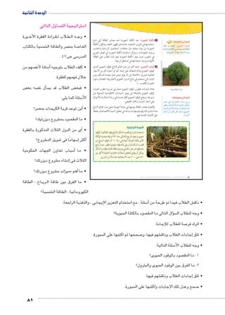 الوحدة الثانية 
ل الذاتى � ساؤ ستراتيجية الت 5 ا 
يرة B راءة الفقرة الأخ BB قBB لاب ل B طBB ه ال BB • وج 
سية بالكتاب  شم € صر والطاقة ال  صة بم 7 الخا 
81 
. ص 47 7 سى 5 المدر 
سهم من  سئلة لأنف 5أ� • كلف الطلاب بتوجيه 
خلال فهمهم للفقرة. 
ض ‚ سه بع  سأل نف �  ض الطلاب قد ي ‚ • فبع 
سئلة كما يلى: 5 الأ 
صر؟ أين توجد قرية الكريمات بم � • 
شروع ديزرتيك؟ € صود بم  • ما المق 
أى من الدول الثلاث المذكورة بالفقرة � • 
شروع؟ € سهامًا فى تمويل الم 5إ� أكثر � 
سباب تعاون الجهات الحكومية 5أ� • ما 
شروع ديزرتك؟ € شاء م €إن� الثلاث فى 
شروع ديزرتك؟ €أهم مميزات م � • ما 
اح ، الطاقة BB ري BB • ما الفرق بين طاقة ال 
سية؟  شم € الكهرومائية ، الطاقة ال 
: تعد الكتلة الحيوية أحد مصادر الطاقة التي شاع owgœTÐ oc™bTÐ د 
استخدامها في القرون الماضية، خاصة قبل ظهور النفط، وتتكون الكتلة 
الحيوية من مواد محلية مثل مخلفات المحاصيل الزراعية والخشب 
وروث الحيوانات، ويتركز استخدام الكتلة الحيوية في الوطن العربي 
في المغرب حيث توفر الكتلة الحيوية نحو ثلث الطلب على الطاقة 
الأولية ويتزايد استخدامها في المناطق الريفية. 
: تتجه كثير من دول العالم لإنتاج الوقود الحيوي كبديل ïgœTÐ ØRTÐ هـ 
للوقود الحفري وذلك للحفاظ على البيئة كما أن أسعاره أقل من الأسعار 
العالمية للبترول بالاضافة إلى أنه يوفر فرص عمل متعددة للسكان ومن 
النبات التي تستخدم في إنتاج الديزل الحيوي (الجاتروفا، الطحالب، فول 
الصويا والقصب...). 
هناك تحديات لتطوير الوقود الحيوي تتمثل في ضرورة تطوير تقنيات 
الوقود الحيوي بالإضافة إلى توفير السياسات الاقتصادية المسئولة عن 
تسويقه، ويفتح الوقود الحيوي آفاق جديدة في زيادة المنافسة بالأسواق 
وفي أسعار البترول والغاز الطبيعي. 
ولأهمية مصادر الطاقة بنوعيها في حياتنا اليومية تسعى دول العالم لاتباع 
عدة أساليب لإدارتها وتنميتها بما يساعد في تحقيق التنمية الاقتصادية ويحفظ 
حق الأجيال القادمة فيها. 
التجربة البرازيلية 
تستخدم البرازيل قصب السكر لإنتاج وقود الإيثانول كوقود 
حيوي، ويعود تاريخ ذلك إلى سنة ١٩٧٠ م، وقد صنفت الوكالة 
الأمريكية لحماية البيئة في سنة ٢٠١٠ م الوقود المنتج من 
قصب السكرالبرازيلي بأنه وقود حيوي متطور حيث ينتج 
عنه وقود ذو سعر تنافسي ومردود طاقة عالية، وقصب السكر 
يمكن أن يؤدي لخفض انبعاثات الغازات الدفيئة لأكثر من 
٧٠ ٪ حتى ١٠٠ ٪ عند الاستعاضة عنه بدلًا من البنزين. 
أضف إلى قاموسك 
‰d = {[bx :ïgœTÐ ØRTÐ 
phUÐ ÓnfýncUÐ ŒY Ò{eš—eUÐ pSn]UÐ 
.phiÐŽhUÐ íÌ ngfY phn˜fUÐ ÊÐŽH 
.mQí|=m›TÐ Óm—h 
أضف إلى معلوماتك: 
}[Y R nRí}nœUÐ Ón˜i âÚ~x 
‚_=í ‰h—ceUÐí nxØŽ˜eTí {fgUÐí 
é~x{UÐ Õnšiü ê{žš—xí nhbx}RÎ éíØ 
Ún_HÌ ŒY }h›c= ŠSÌ Ún_Hj= ïŽhUÐ 
.éí}š˜UÐ 
(um‚ ũsgm7bƁ umjs ūůsj) umjk8Ŧ umŦ‚e à ƃ“s9Ŧ •s9Ŧ Œ`Ŧ 48 
ستخدام التعزيز الإيجابى ، والتغذية الراجعة. 5 سئلة ، مع ا 5أ� ش الطلاب فيما تم طرحة من € • ناق 
صود بالكتلة الحيوية؟  سؤال التالى:ما المق �  • وجه للطلاب ال 
صة للطلاب للإجابة. 7 • اترك فر 
سبورة.  صححها ثم اكتبها على ال 7 شهم فيها ،و €إجابات الطلاب وناق � • تلق 
سئلة التالية: 5 • وجه للطلاب الأ 
صود بالوقود الحيوى؟  1. ما المق 
2. ما الفرق بين الوقود الحيوى والبترول؟ 
شهم فيها. €إجابات الطلاب وناق � • تلق 
سبورة.  صحح وعدل تلك الإجابات واكتبها على ال 7 • 
 