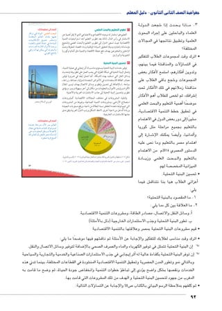 جغرافية الصف الثانى الثانوى - دليل المعلم 
92 
u:Ůs`8³Ŧ umjk8Ŧ ums à ŽƁ}Ŧ ŲŰ€Ŧ 
57 
١ تطوير التعليم والبحث العلمي 
التعليم هو استثمار له مردوده الاقتصادي والاجتماعي الذي لا يقل أهمية عن 
الاستثمار في رأس المال، لذلك يعد تطوير التعليم أحد استراتيجيات التنمية 
الاقتصادية حيث تسعى الدول إلى تطوير التعليم والبحث العلمي وتشجيع 
مؤساساته باعتباره وسيلة لتحقيق السيادة الوطنية وبناء اقتصاد المعرفة وحث 
الباحثين والمخترعين بهدف دفع عجلة الاقتصاد والتنمية مثل ألمانيا وكوريا 
الجنوبية والبرازيل. 
٢ تحسين البنية التحتية 
توفير خدمات البنية التحتية بمستوى مناسب له أثر إيجابي في عملية التنمية، 
وتتمثل البنية التحتية في شبكة الطرق التي يجب العمل على تطويرها وتحديث 
وسائل النقل التي تستفيد بهذه الشبكة، كما تتمثل أيضًا في ضرورة توفير 
مصادر الطاقة للاستخدامات في الأغراض المتعددة (منزلية ـ صناعة ـ زراعة ـ 
سياحة..) بالإضافة إلى تحسين وتطوير وسائل الاتصال بهدف تيسير انتقال 
الأفراد ورؤوس الأموال والمعلومات من مكان إلى آخر بسهولة ويسر، ويؤدي 
تطوير وتحسين البنية التحتية إلى جذب الاستثمارات العربية والأجنبية. 
ولتنفيذ المشروعات في مختلف المجالات الاقتصادية كمشروعات 
استصلاح الأراضي، ومشروعات التنمية الصناعية، وغيرها من المشروعات 
التي تتيح فرصًا متعددة لخفض نسبة البطالة من ناحية، ورفع مستويات المعيشة 
بزيادة الدخل من ناحية أخرى. لاحظ الشكل ورتب الدول العربية وفق مدى 
جذبها للاستثمارات الخارجية. 
%À¸ÄÁ Ñ}`CÐ%À¸ÃÃ WY 
pxØŽ_—UÐ %½À¸Á» 
%Â¸ÄÁ ënf˜U 
ÓÐÚnYüÐ %½»¸¼Â 
% À¸¾ÀçÐ}_UÐ 
%À¸¼Ã ëÐØŽ—UÐ 
%¿¸»¾ iŽ 
%¾¸ÃÄqxŽcUÐ %¾¸¼Ã ë5L 
%¾¸¼½ }ýÐ~!Ð 
ŠSÌph=}LéíØ 
% ¾ŒY 
أضف إلى معلوماتك: 
~c} šUÐ ÒÐŽfUÐ :dc^TÐ qœ—TÐ 
pY{bšeUÐ ‹Un_UÐ ëÐ{d= nghdL 
ÓnåhincYüÐ …åhe@ }åžö—í 
Êned_UÐí ‹d_UÐ pY{B R pAnšeUÐ 
ÓnHÐÚ{dU pYÛĆUÐ éÐŽYúÐ {ÉÚí 
b} ëÌ ngU Œcex šUÐ ÔŽ˜UÐí 
.YŽbUÐ snfUn= 
|Zd ê°–TÐ ï|S 
أضف إلى معلوماتك: 
Ò{x{@ pdA}e= ëùÐ }ex ‹Un_UÐ 
énœY R p›x{A Ónhfb }RÐŽš= ‹—š 
šA ÓnYŽd_eUÐ Šbií Óøn[øÐ 
dT ‹Un_UÐ ëj= Š_aUn= }_Zi niÌ{= nfiÌ 
.Ò}h`É px}S y˜ÉÌ 
.owþdTÐ n–eTm ½»¼½ ºÒ|Hm—dTÐ og?ÚmTÐ ÓÐÚmdš™G°T og|^TÐ éízTÐ Ñma™GÐ :(¼) ‰bH 
½»¼¾ |™SÌ å og|^TÐ éízcT oKÐÚ}TÐí oKmeZTÐí ÒÚm›™TÐ æ|_T êm^TÐ Ømœ=øÐ :‹K ÚØmÉ |w|a= :ÚzZdTÐ 
ة BB دول BB شجعت ال 6إذا � دث BB حBB اذا ي BBB 3. م 
إجراء البحوث � العلماء والباحثين على 
العلمية وتطبيق نتائجها في المجالات 
المختلفة؟ 
• اترك وقت لمجموعات الطلاب للتفكير 
شة فيما بينهم، €ؤلات والمناق � سا  في الت 
ض ‚ ستمع لأفكار بع 5أفكارهم، ا � وتدوين 
شجع باقي الطلاب على 6 المجموعات و 
شة زملائهم في تلك الأفكار تحت € مناق 
أهم الأفكار � ص للطلاب  شرافك، ثم لخ 6إ� 
أهمية التعليم والبحث العلمي � ضحًا 8 مو 
صادية،  في تحقيق خطط التنمية الاقت 
ض الدول في الاهتمام ‚إلى دور بع � شيرًا € م 
بالتعليم بجميع مراحلة مثل كوريا 
إلى � ارة BB شBB6 ضًا يمكنك الإ‚أي�ألمانيا، و � و 
ص عليه  صر بالتعليم وما ن  اهتمام م 
صري 2014 م من الاهتمام  ستور الم 5 الد 
ادة BBB ث العلمي وزي BB حBB بBB بالتعليم وال 
صة لهم.  ص الميزانية المخ 
سين البنية التحتية.  • تح 
ش فيما €أعزائي الطلاب هيا بنا نتناق � 
يلي: 
صود بالبنية التحتية؟  1. ما المق 
2. ما العلاقة بين كل مما يلي : 
صادية.  شروعات التنمية الاقت € صادر الطاقة، وم  صال، م  سائل النقل والات 5أ. و � 
ستثمارات الخارجية )دلل بالأمثلة( 5 ب. تطور البنية التحتية وجذب الا 
صادية  صر وعلاقتها بالتنمية الاقت  شروعات البنية التحتية بم € • قيم م 
ضحًا ما يلي: 8 شهم فيها مو € سئلة ثم ناق 5 سب لطلابك للتفكير والإجابة عن الأ5 • اترك وقت منا 
صال والنقل.  سائل الات 5 ضافة لتوفير و 8 صحي بالإ صرف ال إن البنية التحتية تتمثل في توفير الكهرباء والماء وال �( ( 
سياحية  صناعية والخدمية والتجارية وال  ستثمارات ال 5إيجابي في جذب الا � أثر � إن توفر البنية التحتية بكفاءة عالية له �(( 
شودة في القطاعات المختلفة، بينما تدني هذه € صادية المن  ضرية وتحقيق التنمية الاقت ‚ وبالتالي نمو وتطور المدن الح 
ضح ما قامت به 8 ض جودة الحياة، ثم و 8ؤ خطوات التنمية وانخفا �إلى تباط � ؤدي � ضح ي 8 شكل وا € صها ب  الخدمات ونق 
شروعات التي قامت بها. € سين البنية التحتية و الهدف من تلك الم  المغرب من جهود لتح 
ؤلات التالية: � سا  ص 58 والإجابة عن الت 7 سم البياني بالكتاب 5 • ثم كلفهم بملاحظة الر 
 