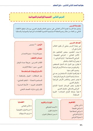 جغرافية الصف الثانى الثانوى - دليل المعلم 
96 
الدرس الثاني : التنمية الزراعية والحيوانية 
س3 مقدمة الدر 
سائل تحقيق الاكتفاء 5 ستوى العالم والوطن العربي، وو  ضية الأمن الغذائي على م ‚ سة ق 5 يتناول هذا الدر 
سمكية  ستراتيجية التنموية للقطاعات الزراعية والحيوانية وال 5 ضع الخطط الا 8 الذاتي من الغذاء من خلال و 
س 3أهداف الدر � 
ن يكون الطالب � س ينبغي أ5 فى نهاية الدر 
أن : � قادرًا على 
ض المفاهيم مثل ‚ صود ببع  • يحدد المق 
)األمن الغذائي - المراعي الطبيعية- 
إدارة المراعي...( � – صطناعية 7 المراعي الا 
أزمة الغذاء بالعالم. � سر • يف 
ض ‚ • يقارن بين الدول ذات الدخل المنخف 
ض الزراعية 8 ساحة الأر  والمرتفع من حيث م 
صيب الفرد منها.  ون 
شعارمن بعد في € ست 5أهمية تقنيات الا � • يقدر 
حماية وتنمية الموارد الرعوية والزراعية. 
ض الزراعية 8 ص الأر  سر تدهور وتناق  • يف 
بالوطن العربي. 
سائل لتنمية الإنتاج 5 ض الو ‚ • يقترح بع 
سمكي بالوطن العربي.  الزراعي وال 
نواع النباتات- الثروة � خرائط )أ � • يقرأ 
سمكية(.  ال 
المفاهيم 
أمن غذائي � • 
• مراعي طبيعية 
صطناعية 7 • مراعي ا 
إدارة المراعي � • 
• حمولة المراعى 
ص  ص الزمن : 3 ح 
المكان : 
صادر  سة - حجرة الم 5 حجرة الدرا 
صادر التعلم : y م 
صماء للوطن 7 سى ، خريطة 5 الكتاب المدر 
شبكة الإنترنت 6 صور- 7 العربي ، 
ستخدمة w ستراتيجات الم 3 الا 
شة – € شكلات- الحوار والمناق € حل الم 
ضرة المعدلة – التعلم التعاوني- 8 المحا 
سابرة-  سئلة ال 5 شاف الموجه – الأ€ الاكت 
صف الذهني  شارك-الع 6 فكر، زاوج، 
المهارات والقيم 
• البحث الجغرافي 
• اتخاذ القرار 
ستغلال الموارد 5 سن ا  • ح 
ضايا z الق 
• الأمن الغذائى. 
• ندرة الموارد الطبيعية. 
ستهلاك. 5 شيد الا 6 • تر 
 