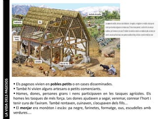 LA VIDA DELS PAGESOS 
 Els pagesos vivien en pobles petits o en cases disseminades. 
 També hi vivien alguns artesans o petits comerciants. 
 Homes, dones, persones grans i nens participaven en les tasques agrícoles. Els 
homes les tasques de més força. Les dones ajudaven a segar, veremar, conrear l’hort i 
tenir cura de l’aviram. També rentaven, cuinaven, s’ocupaven dels fills... 
 El menjar era monòton i escàs: pa negre, farinetes, formatge, ous, escudelles amb 
verdures.... 
 