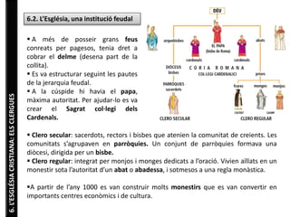 6. L’ESGLÉSIA CRISTIANA: ELS CLERGUES 
6.2. L’Església, una institució feudal 
 A més de posseir grans feus 
conreats per pagesos, tenia dret a 
cobrar el delme (desena part de la 
collita). 
 Es va estructurar seguint les pautes 
de la jerarquia feudal. 
 A la cúspide hi havia el papa, 
màxima autoritat. Per ajudar-lo es va 
crear el Sagrat col·legi dels 
Cardenals. 
 Clero secular: sacerdots, rectors i bisbes que atenien la comunitat de creients. Les 
comunitats s’agrupaven en parròquies. Un conjunt de parròquies formava una 
diòcesi, dirigida per un bisbe. 
 Clero regular: integrat per monjos i monges dedicats a l’oració. Vivien aïllats en un 
monestir sota l’autoritat d’un abat o abadessa, i sotmesos a una regla monàstica. 
A partir de l’any 1000 es van construir molts monestirs que es van convertir en 
importants centres econòmics i de cultura. 
