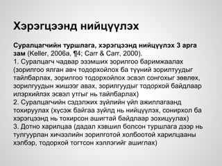 Хэрэгцээнд нийцүүлэх
Суралцагчийн туршлага, хэрэгцээнд нийцүүлэх 3 арга
зам (Keller, 2006a, ¶4; Carr & Carr, 2000).
1. Суралцагч чадвар эзэмших зорилгоо баримжаалах
(зорилгоо ялган авч тодорхойлох ба түүний зорилтуудыг
тайлбарлах, зорилгоо тодорхойлох эсвэл сонгохыг зөвлөх,
зорилгуудын жишээг авах, зорилгуудыг тодорхой байдлаар
илэрхийлэх эсвэл утгыг нь тайлбарлах)
2. Суралцагчийн сэдэлжих зүйлийн үйл ажиллагаанд
тохируулах (хүсэж байгаа зүйлд нь нийцүүлэх, сонирхол ба
хэрэгцээнд нь тохирсон ашигтай байдлаар зохицуулах)
3. Дотно харилцаа (дадал хэвшил болсон туршлага дээр нь
тулгуурлан хичээлийн зорилготой холбоотой харилцааны
хэлбэр, тодорхой тогтсон хэллэгийг ашиглах)
 