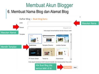 Masukan Nama 
Blog 
6. Membuat Nama Blog dan Alamat Blog 
Masukan Alamat 
Blog 
Memilih Tampilan 
Blog 
Membuat Akun Blogger 
Klik Buat Blog bila 
semua telah di Isi 
 