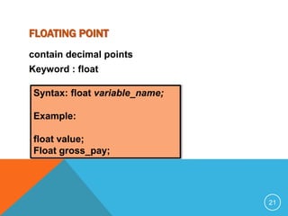 FLOATING POINT 
contain decimal points 
Keyword : float 
Syntax: float variable_name; 
Example: 
float value; 
Float gross_pay; 
21 
 
