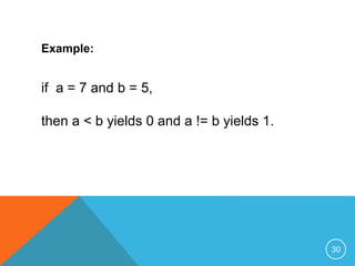 Example: 
if a = 7 and b = 5, 
then a < b yields 0 and a != b yields 1. 
30 
 