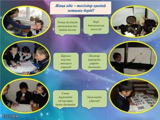 Топқа бөлінуде 
қызығушылық 
пайда болды 
Кері 
байланысқа 
төселді 
Постер 
қорғауды 
үйрене 
бастады 
Бағалауды 
үйренді 
Бірлесе 
жұмыс 
жасауға 
үйренді 
Сыни 
тұрғыдан 
ойлаулары 
дами бастады 
 